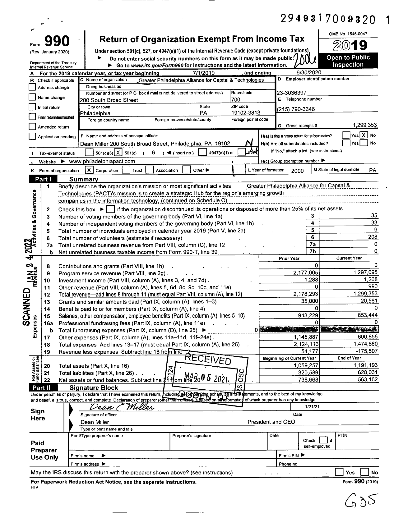 Image of first page of 2019 Form 990O for Philadelphia Alliance for Capital and Technologies (PACT)
