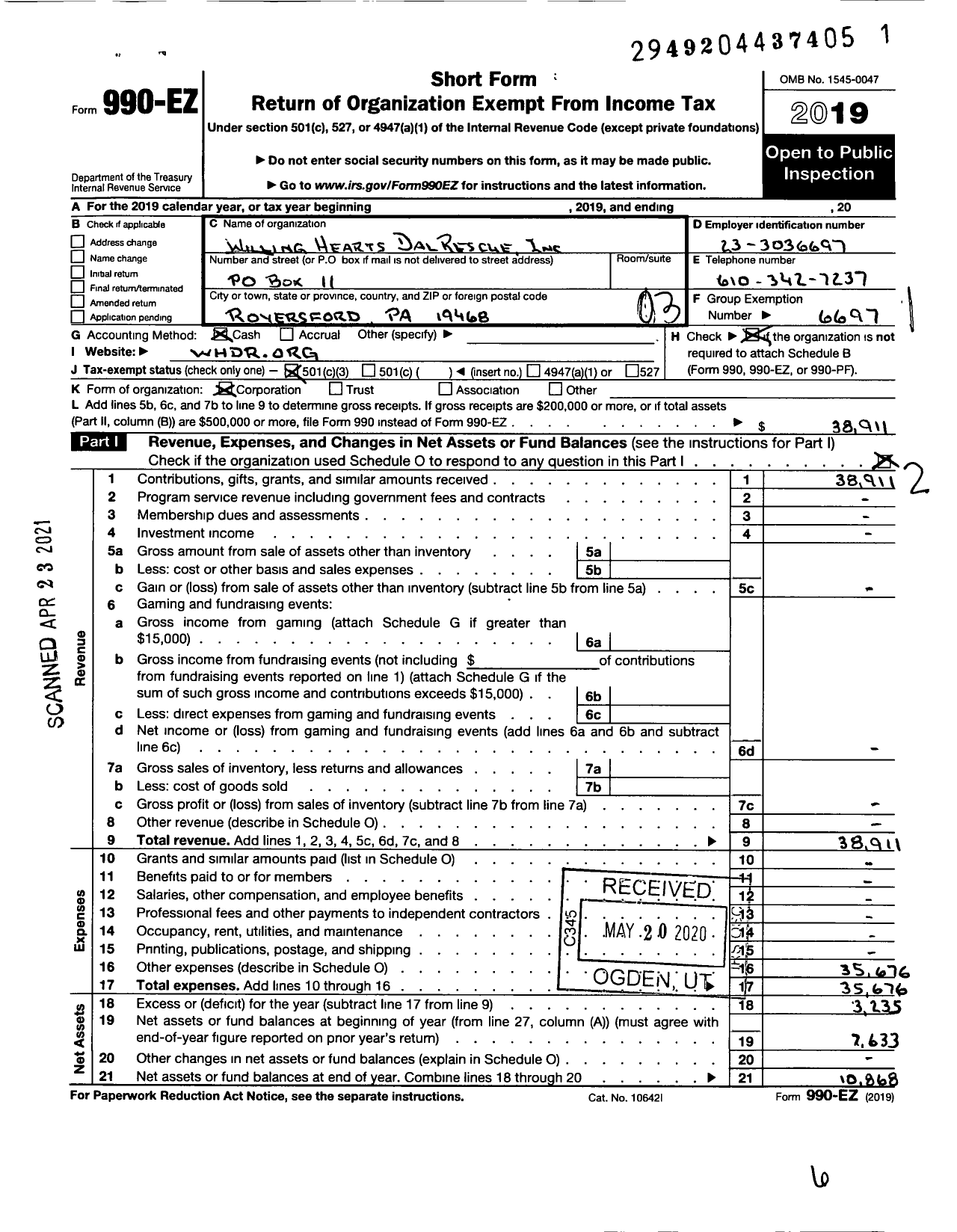 Image of first page of 2019 Form 990EZ for Willing Hearts Dalmatian Rescue