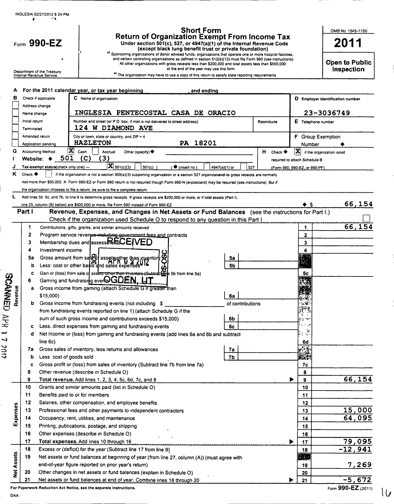 Image of first page of 2011 Form 990EZ for Iglesia Pentecostal Casa de Oracion