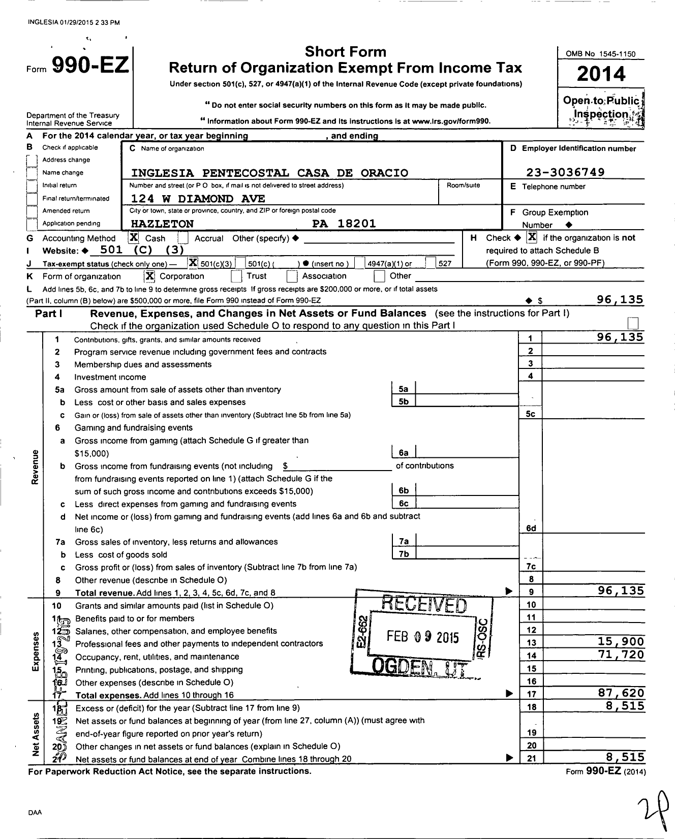 Image of first page of 2014 Form 990EZ for Iglesia Pentecostal Casa de Oracion