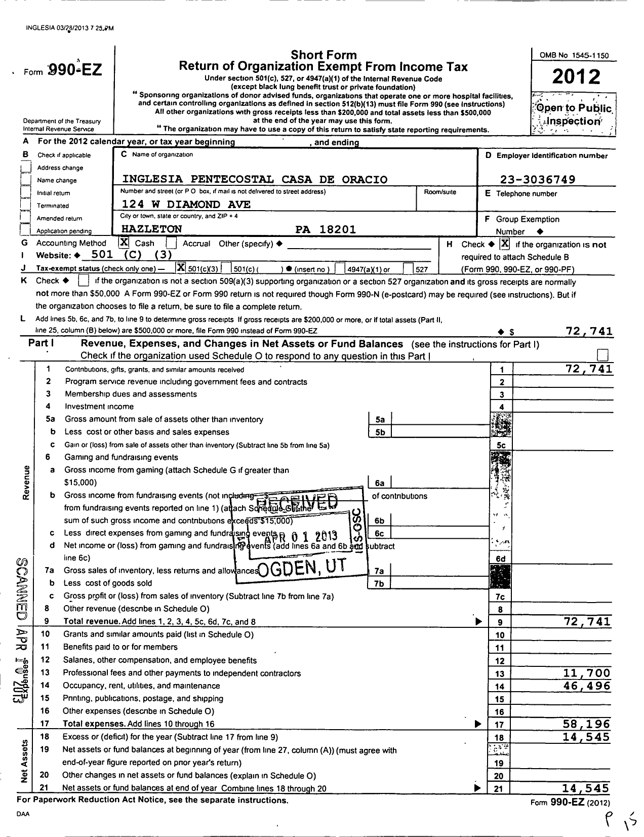 Image of first page of 2012 Form 990EZ for Iglesia Pentecostal Casa de Oracion