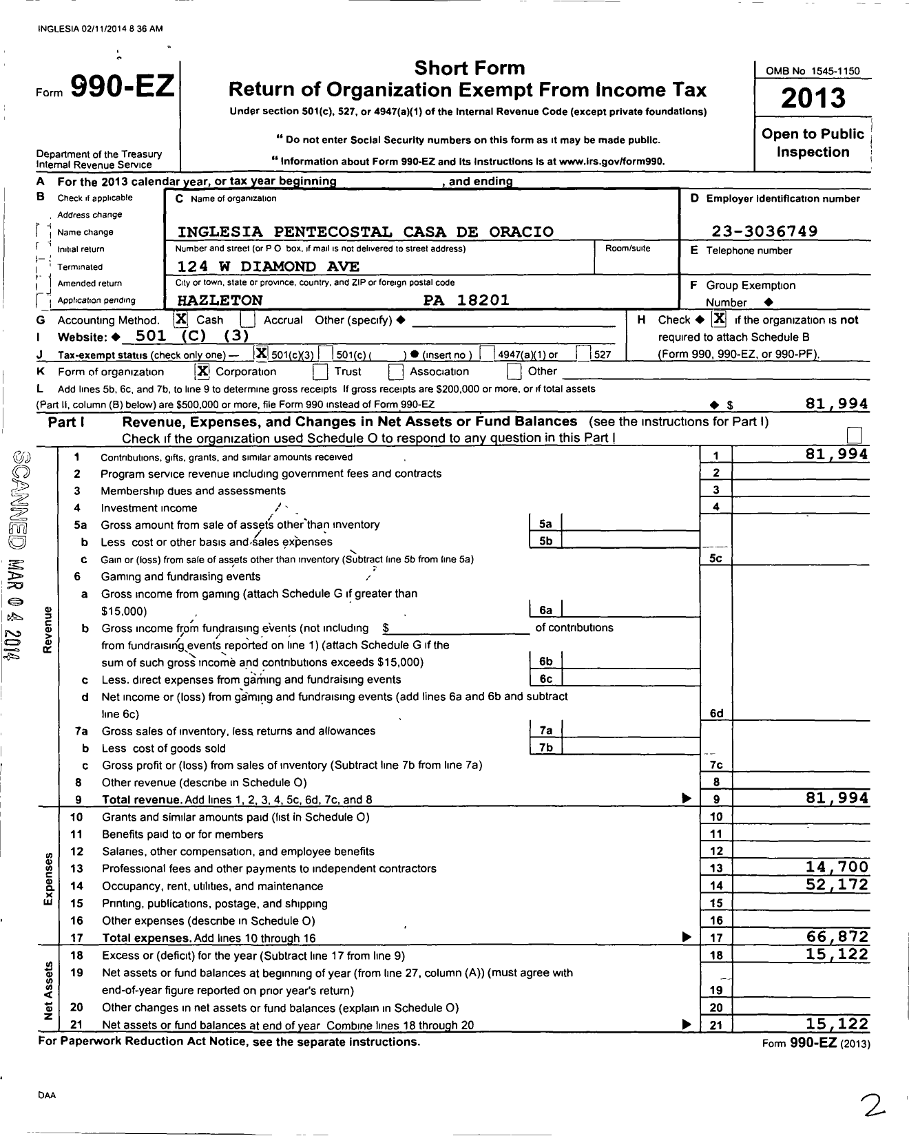 Image of first page of 2013 Form 990EZ for Iglesia Pentecostal Casa de Oracion