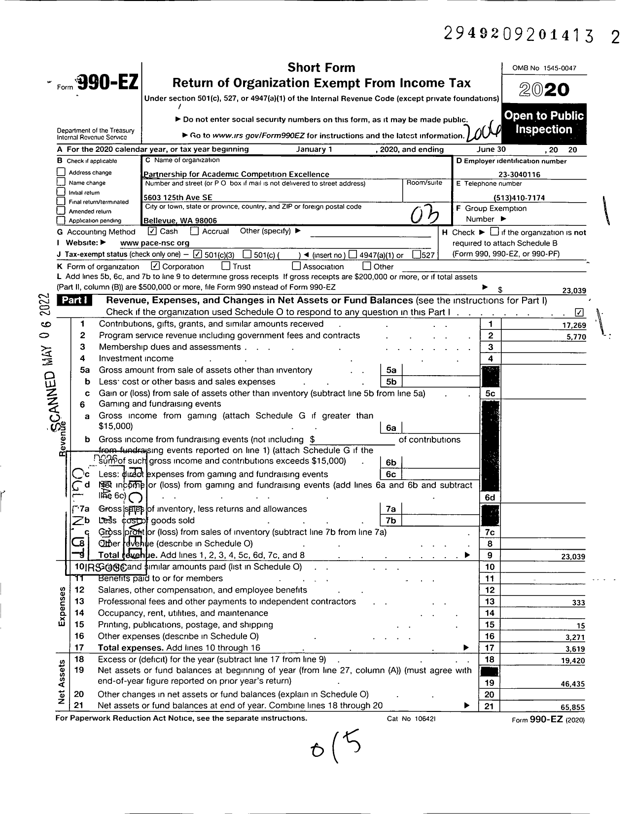 Image of first page of 2019 Form 990EZ for Partnership for Academic Competition Excellence