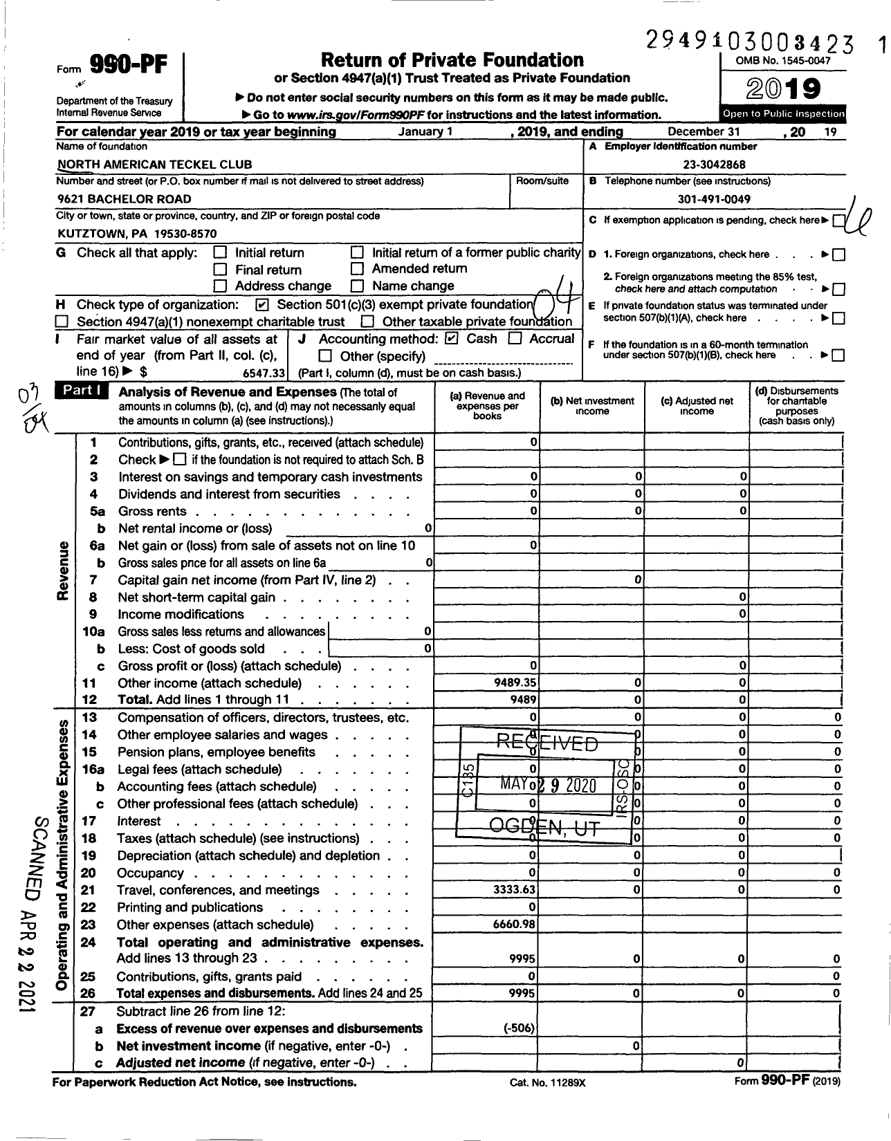 Image of first page of 2019 Form 990PF for North American Teckel Club