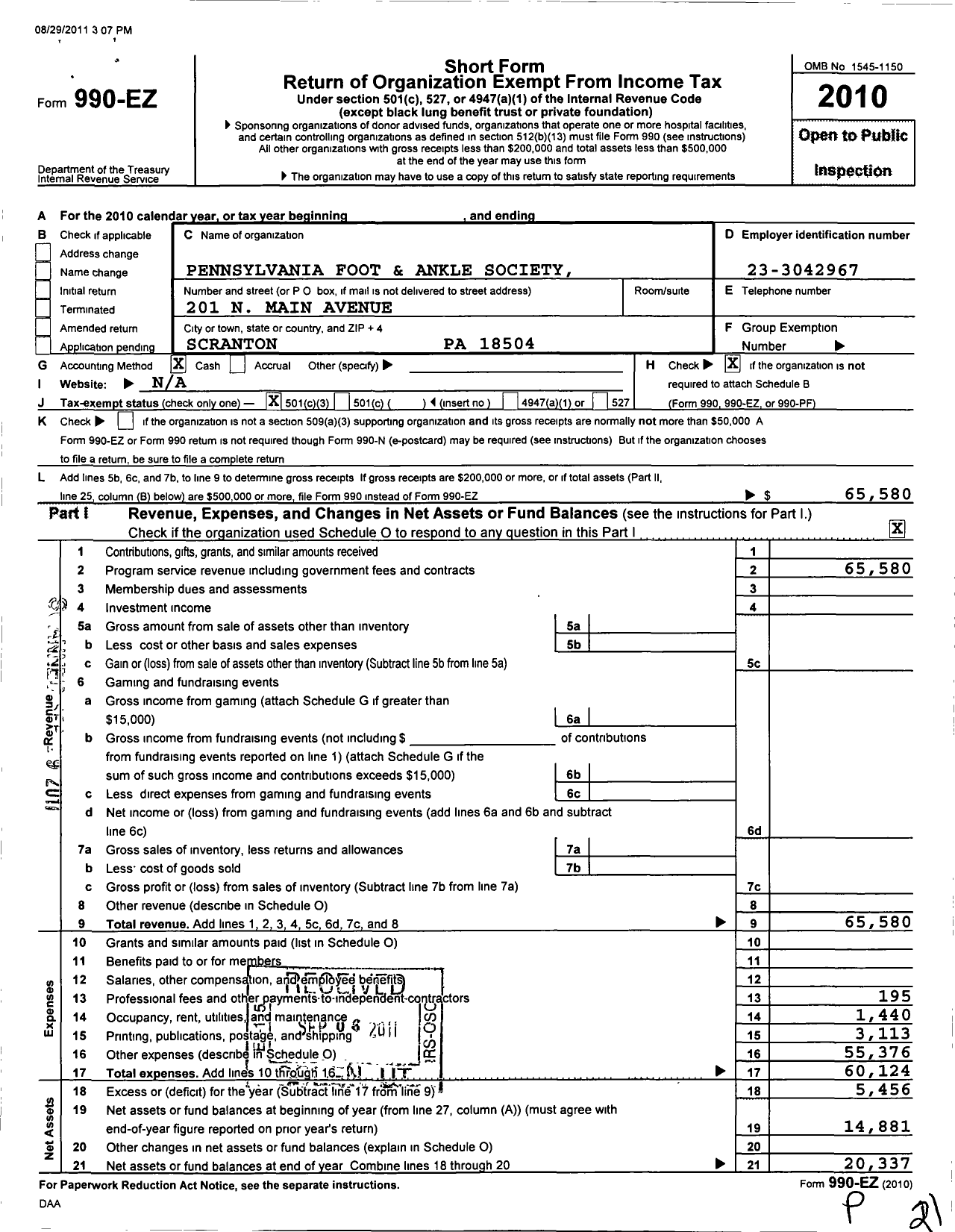 Image of first page of 2010 Form 990EZ for Pennsylvania Foot and Ankle Society