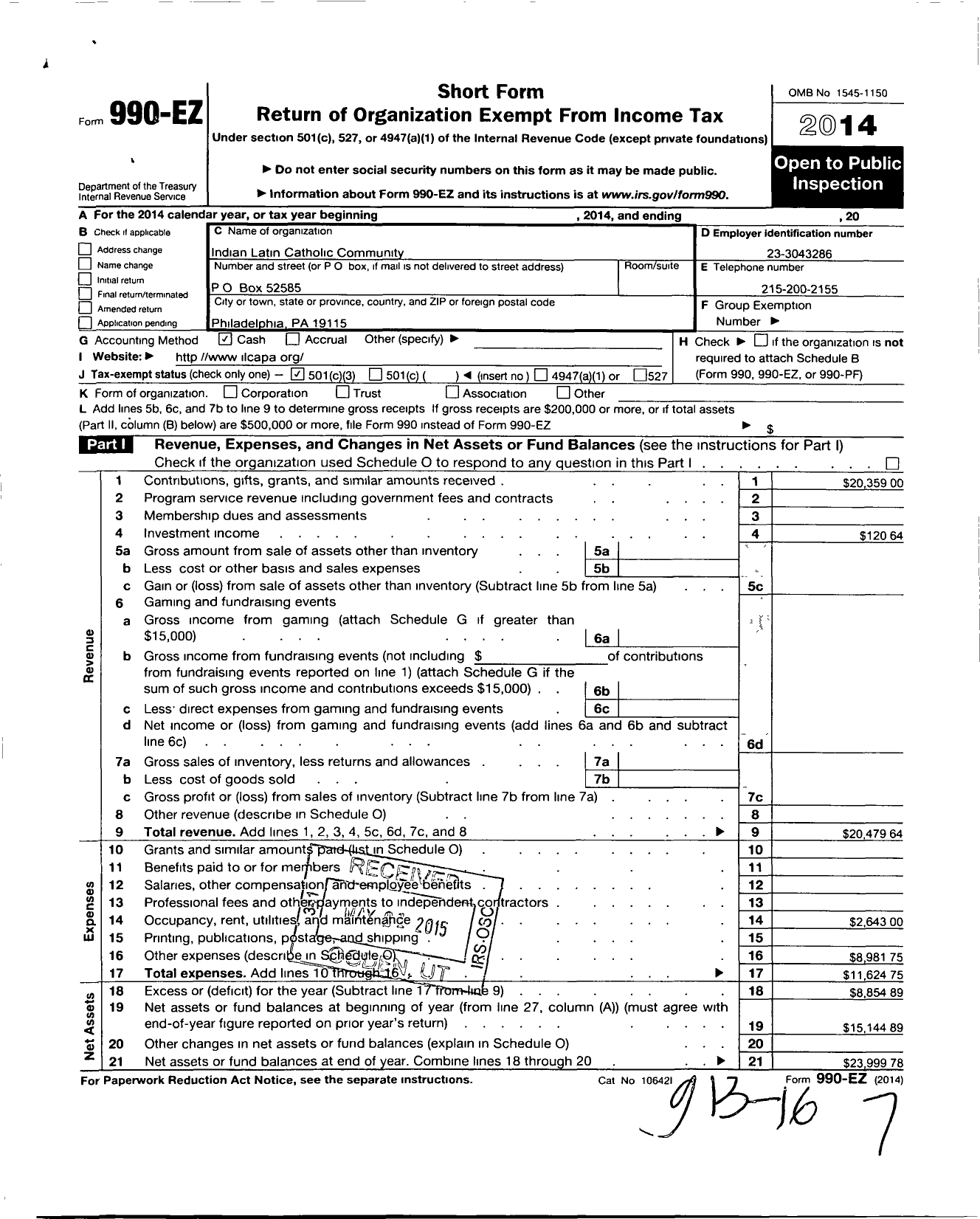 Image of first page of 2014 Form 990EZ for Indian Latin Catholic Community