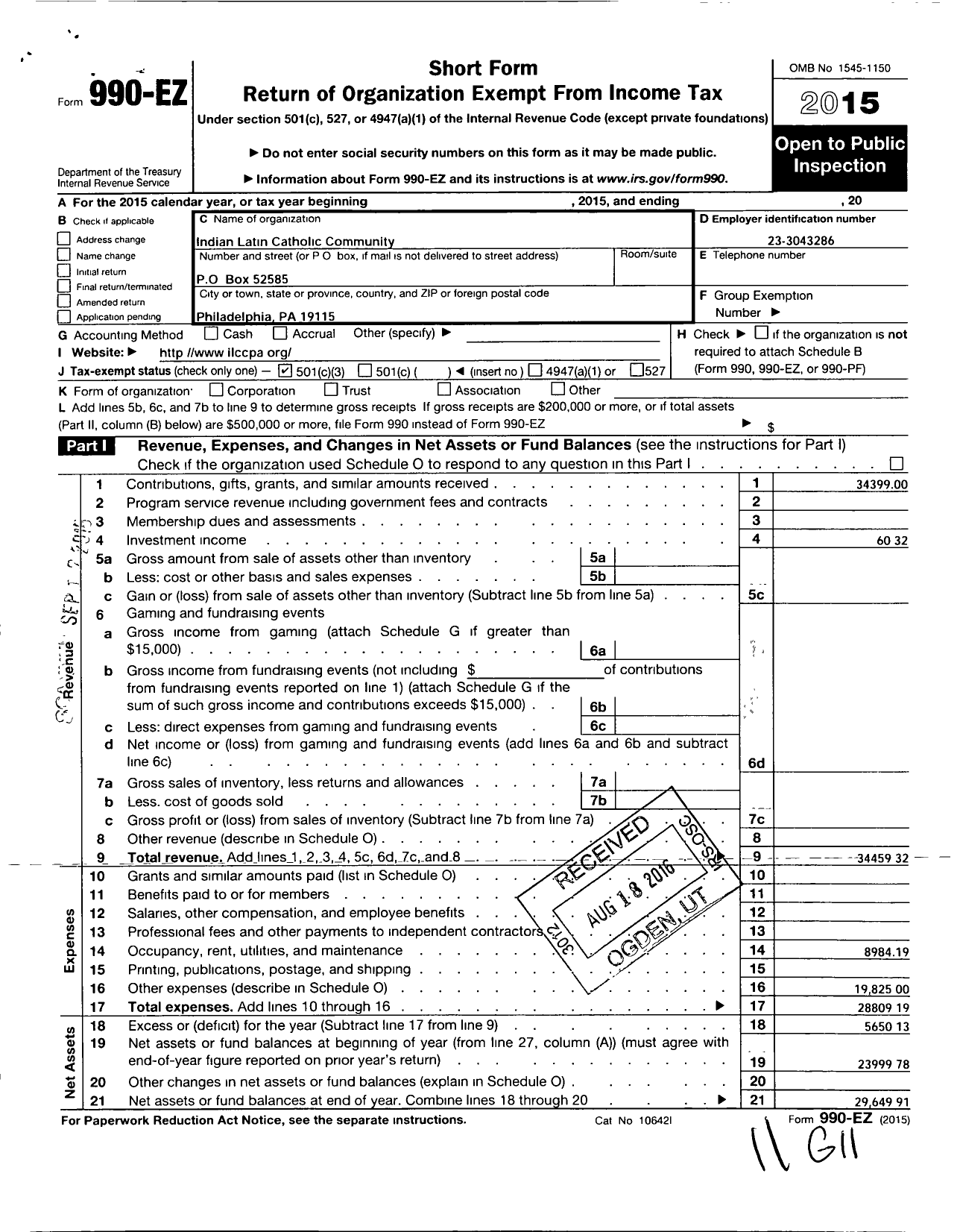 Image of first page of 2015 Form 990EZ for Indian Latin Catholic Community