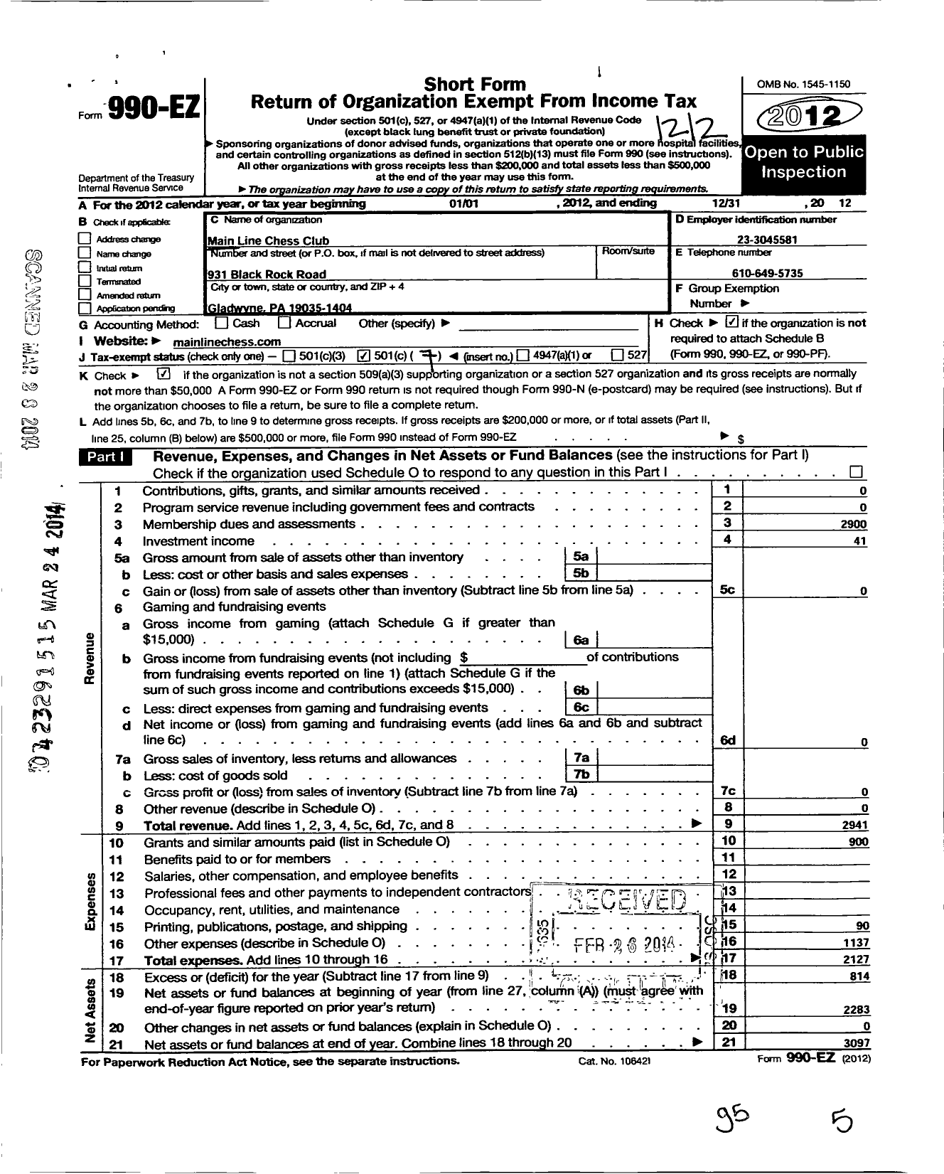 Image of first page of 2012 Form 990EO for Main Line Chess Club