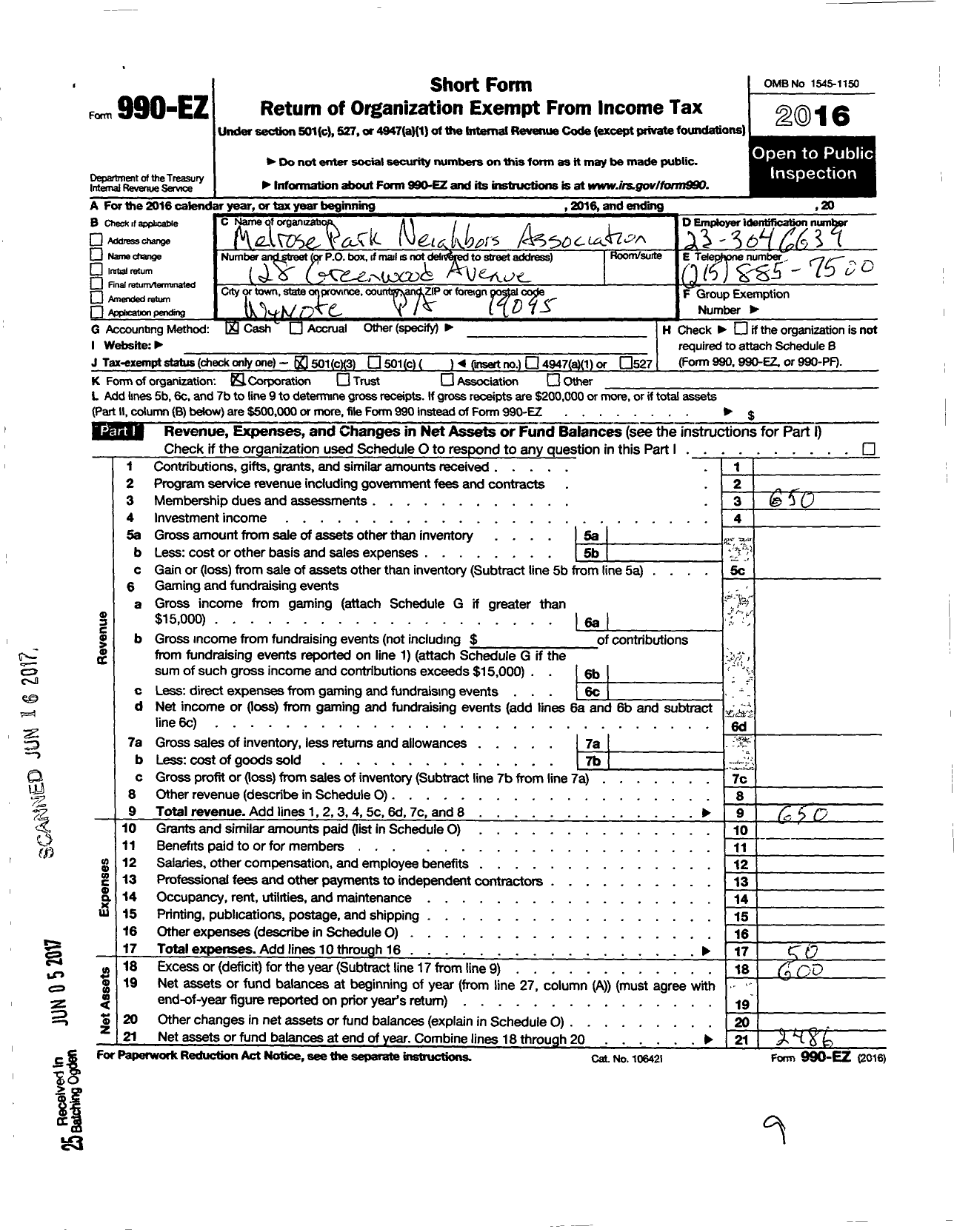 Image of first page of 2016 Form 990EZ for Melrose Park Neighbors Association