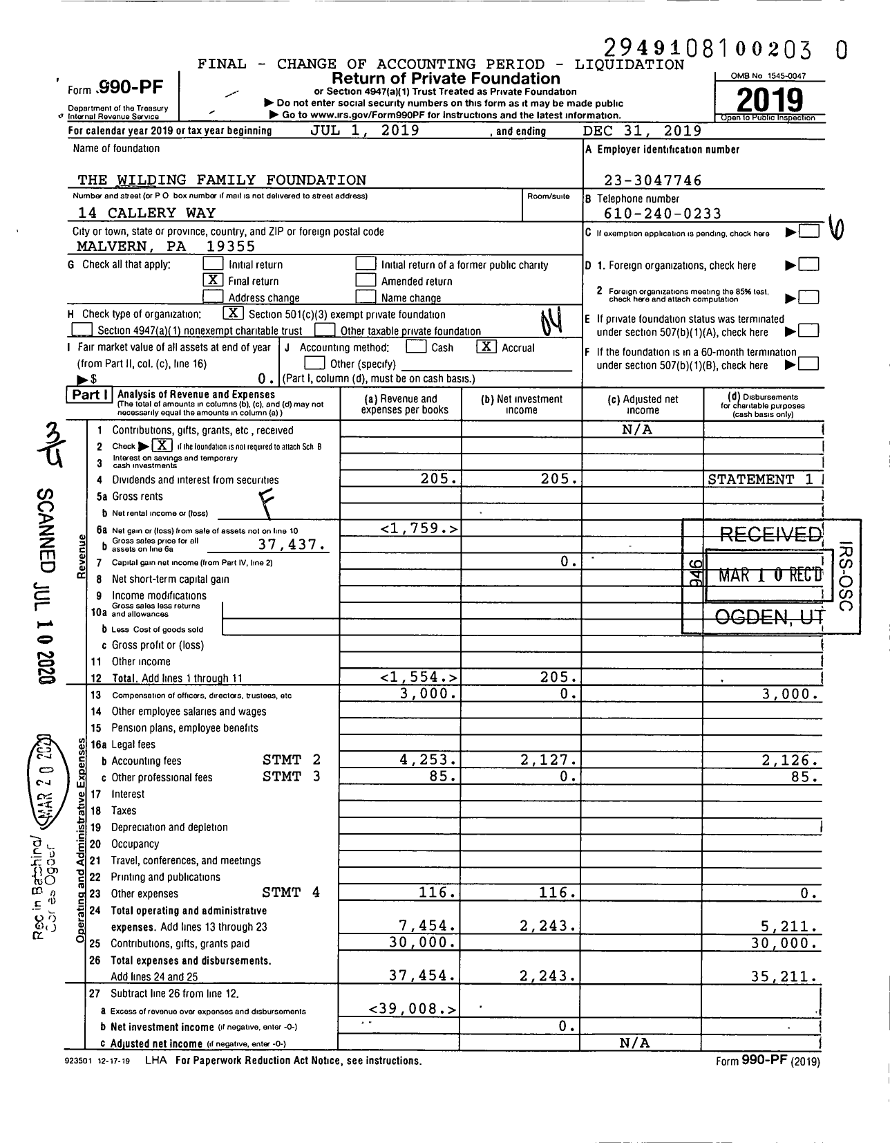 Image of first page of 2019 Form 990PR for The Wilding Family Foundation