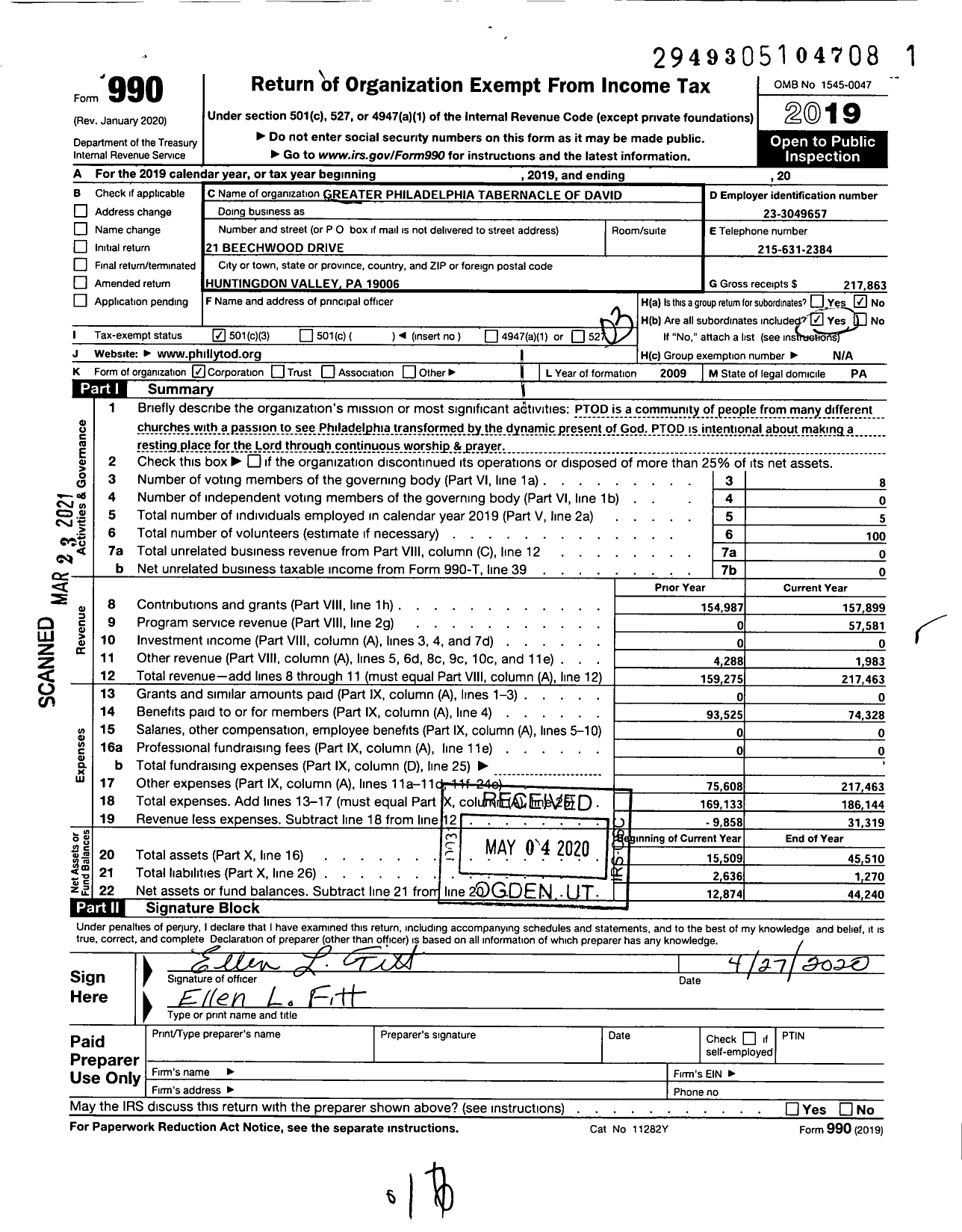 Image of first page of 2019 Form 990 for Greater Philadelphia Tabernacle of David