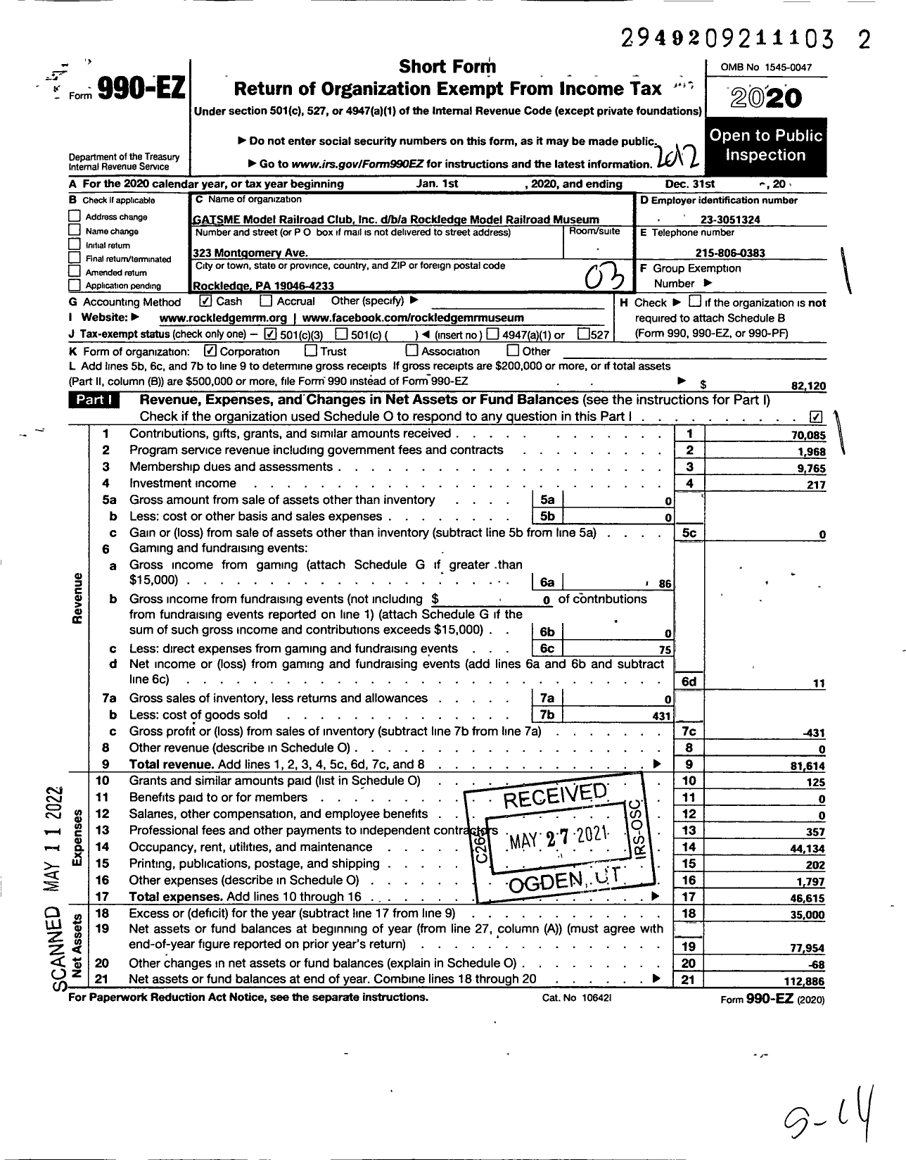 Image of first page of 2020 Form 990EZ for Gatsme Model Railroad Clubinc