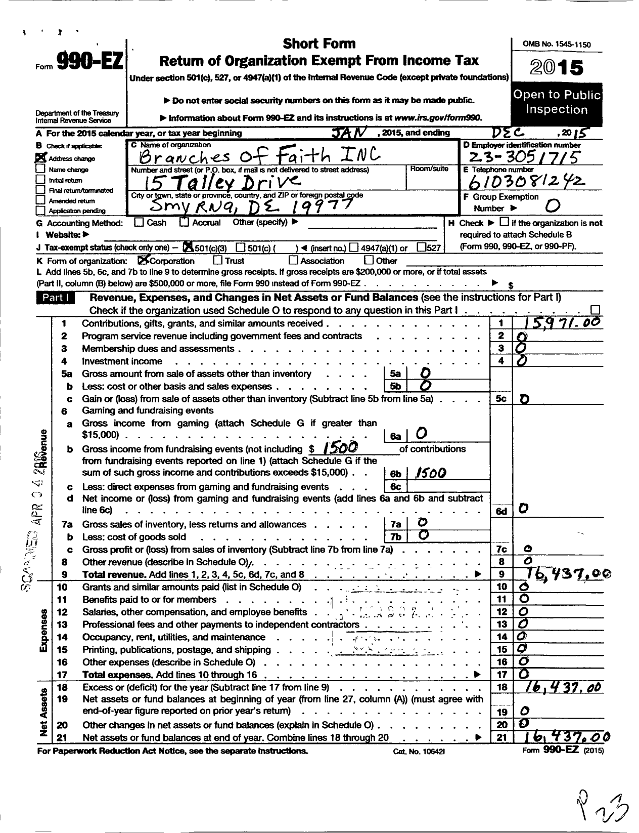 Image of first page of 2015 Form 990EZ for Branches of Faith