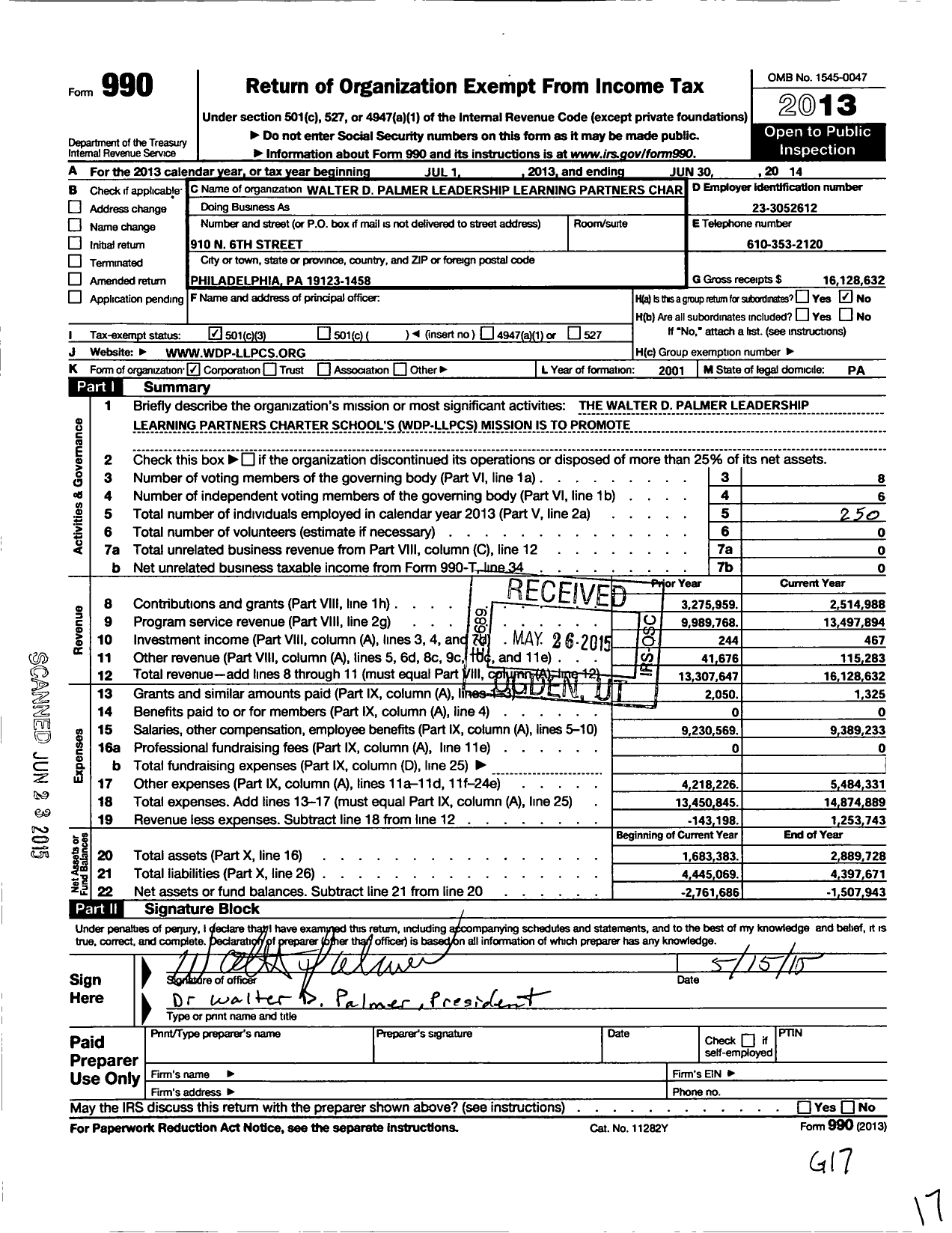 Image of first page of 2013 Form 990 for Walter D. Palmer Leadership Learning Partners Charter School (WDP-LLPCS)