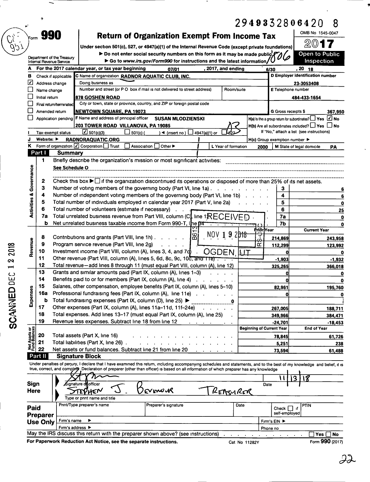 Image of first page of 2017 Form 990 for Radnor Aquatic Club