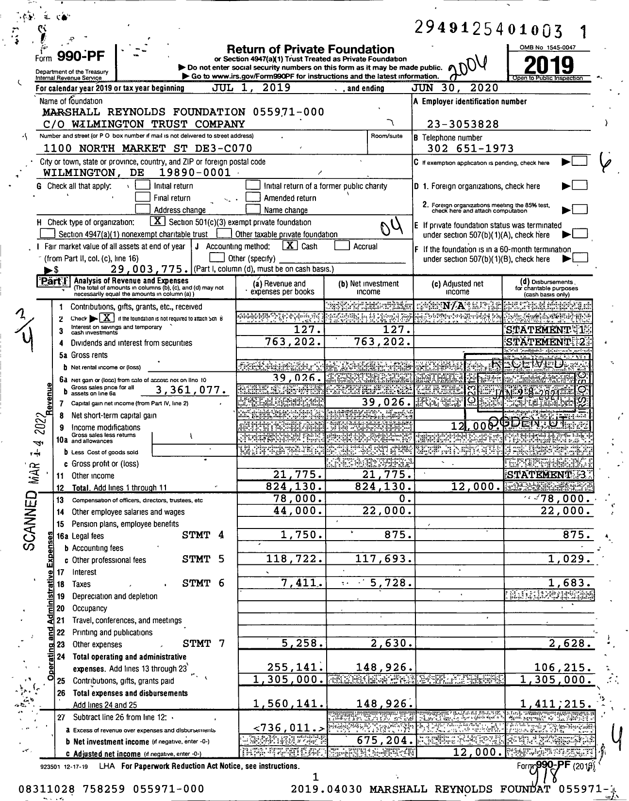 Image of first page of 2019 Form 990PF for Marshall Reynolds Foundation 055971-000