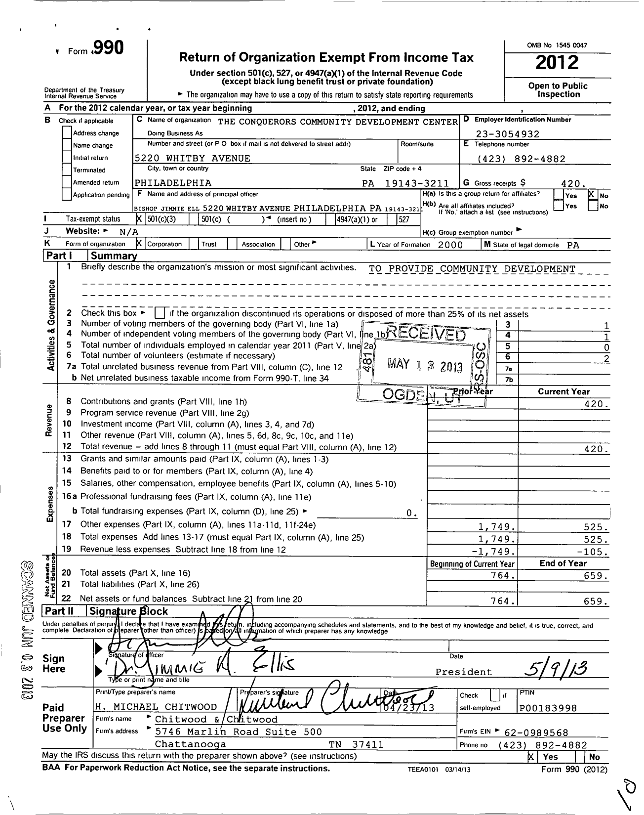 Image of first page of 2012 Form 990 for Conquerors Community Development