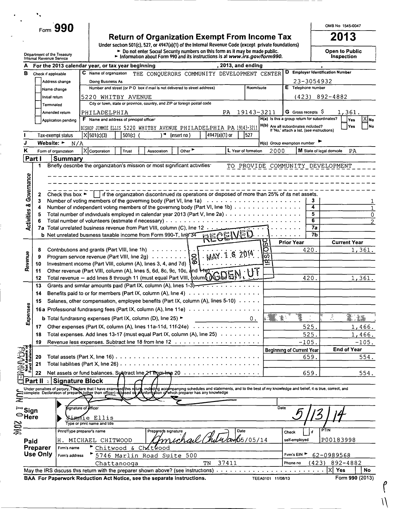 Image of first page of 2013 Form 990 for Conquerors Community Development