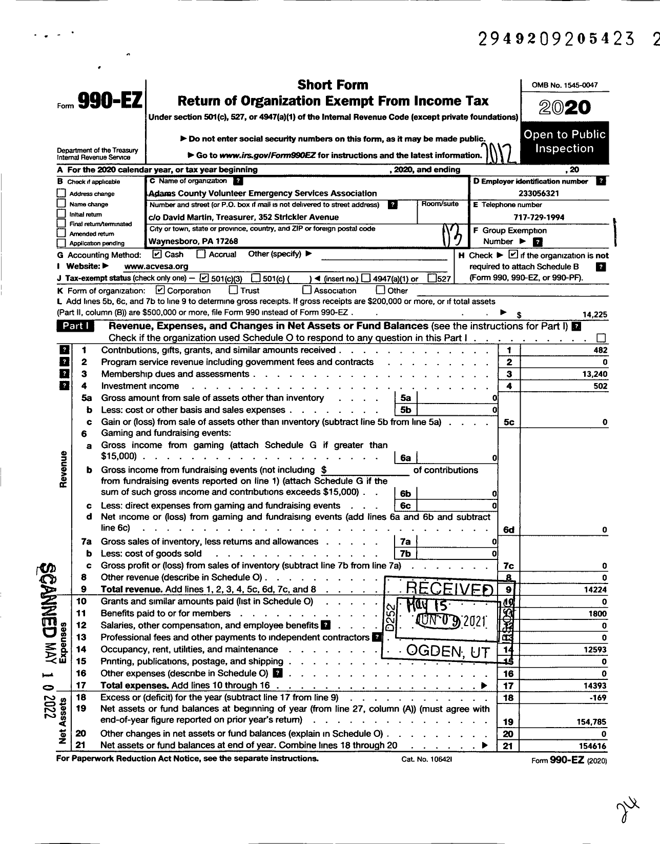 Image of first page of 2020 Form 990EZ for Adams County Volunteer Emergency Services Association