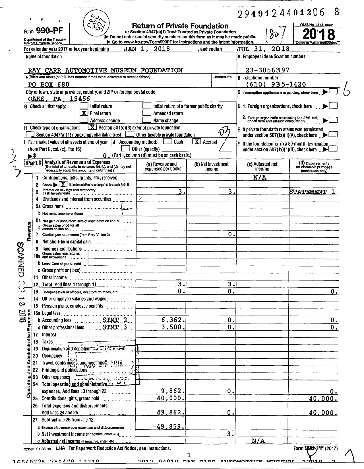 Image of first page of 2017 Form 990PF for Ray Carr Automotive Museum Foundation