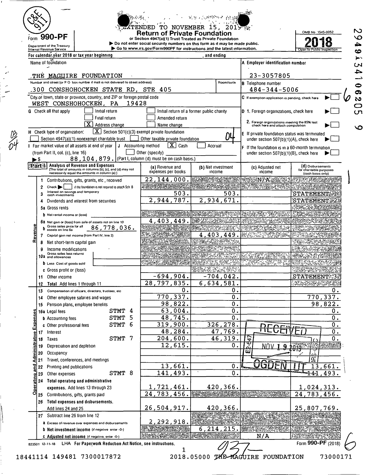 Image of first page of 2018 Form 990PF for The Maguire Foundation (MF)