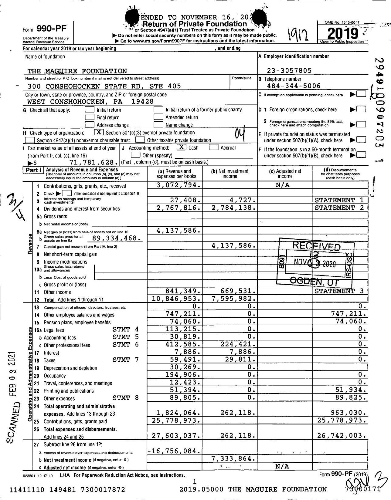 Image of first page of 2019 Form 990PF for The Maguire Foundation (MF)