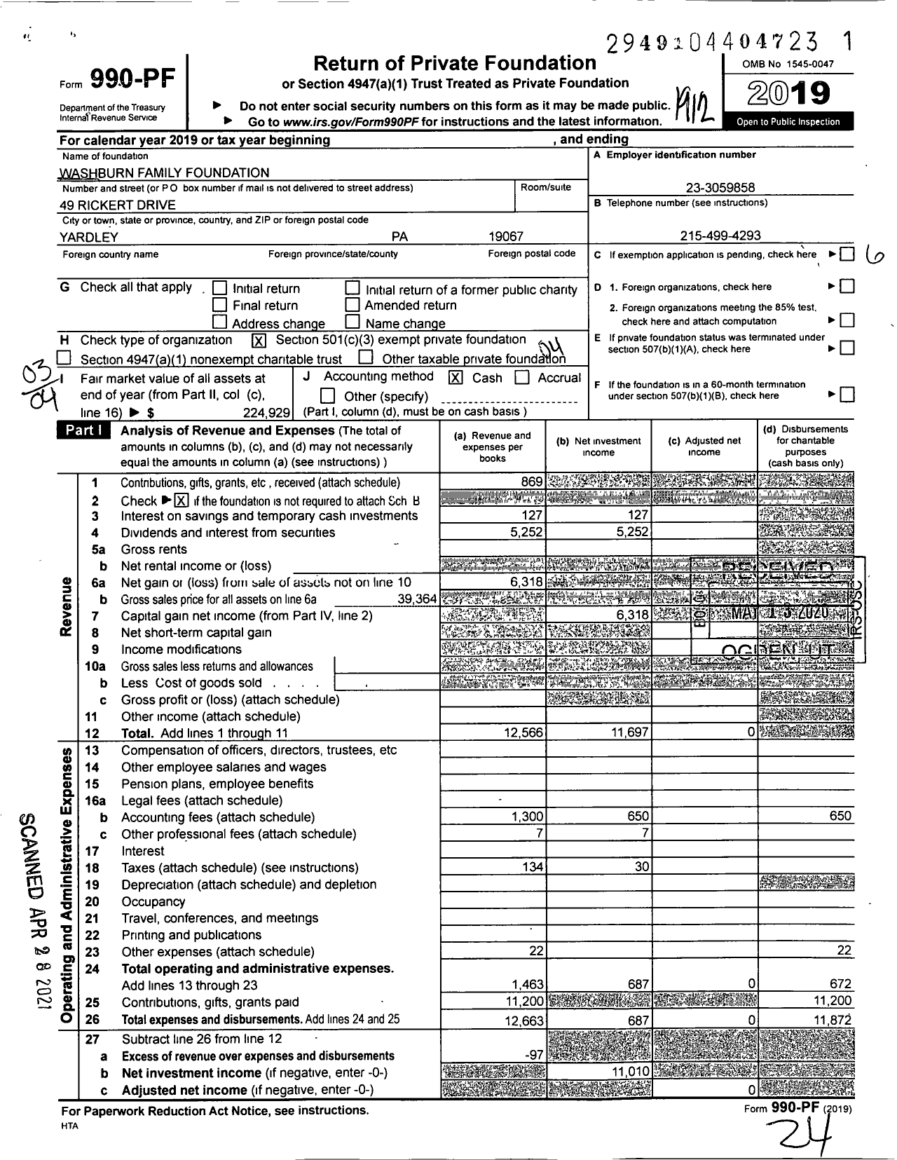 Image of first page of 2019 Form 990PF for Washburn Family Foundation