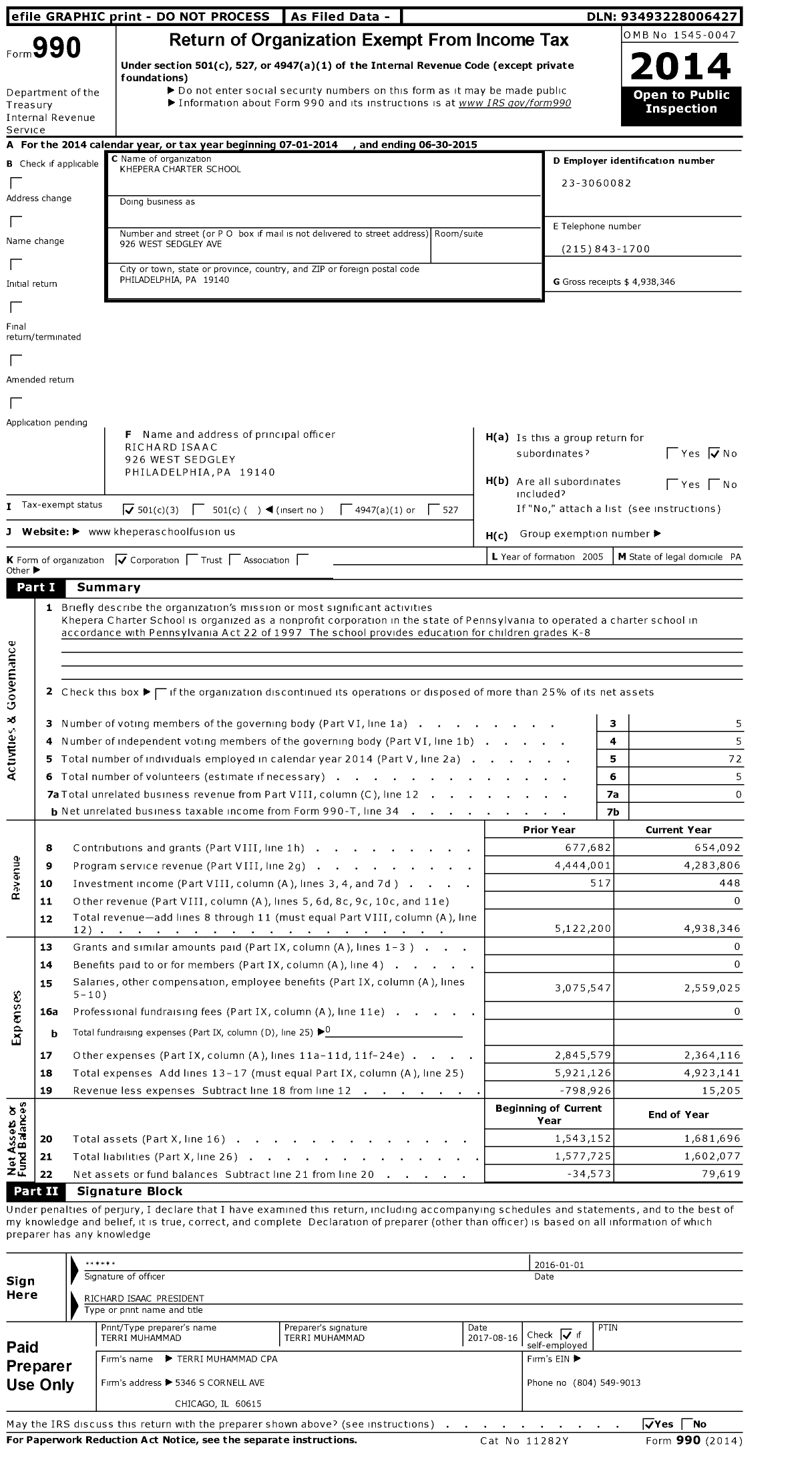 Image of first page of 2014 Form 990 for Khepera Charter School