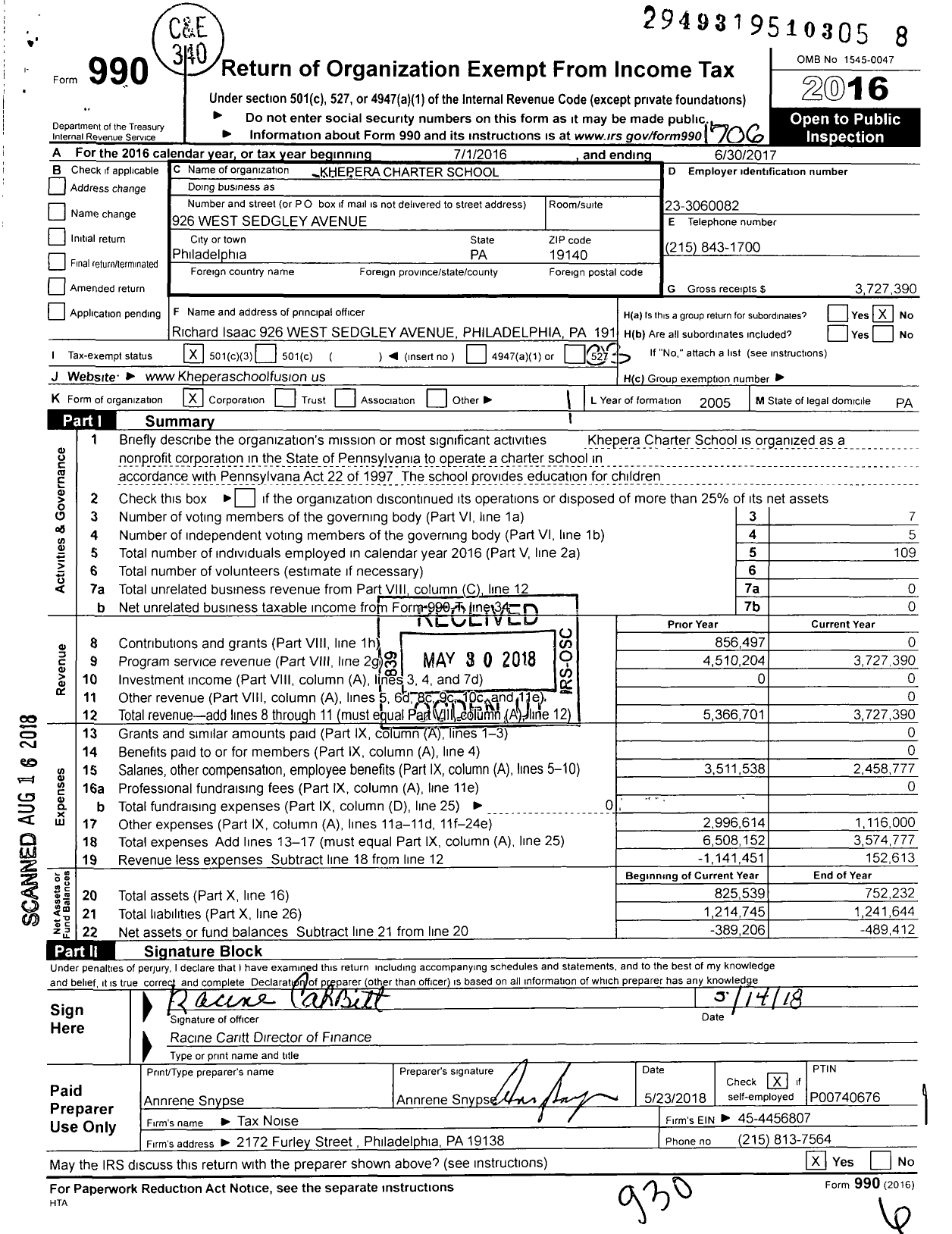 Image of first page of 2016 Form 990 for Khepera Charter School