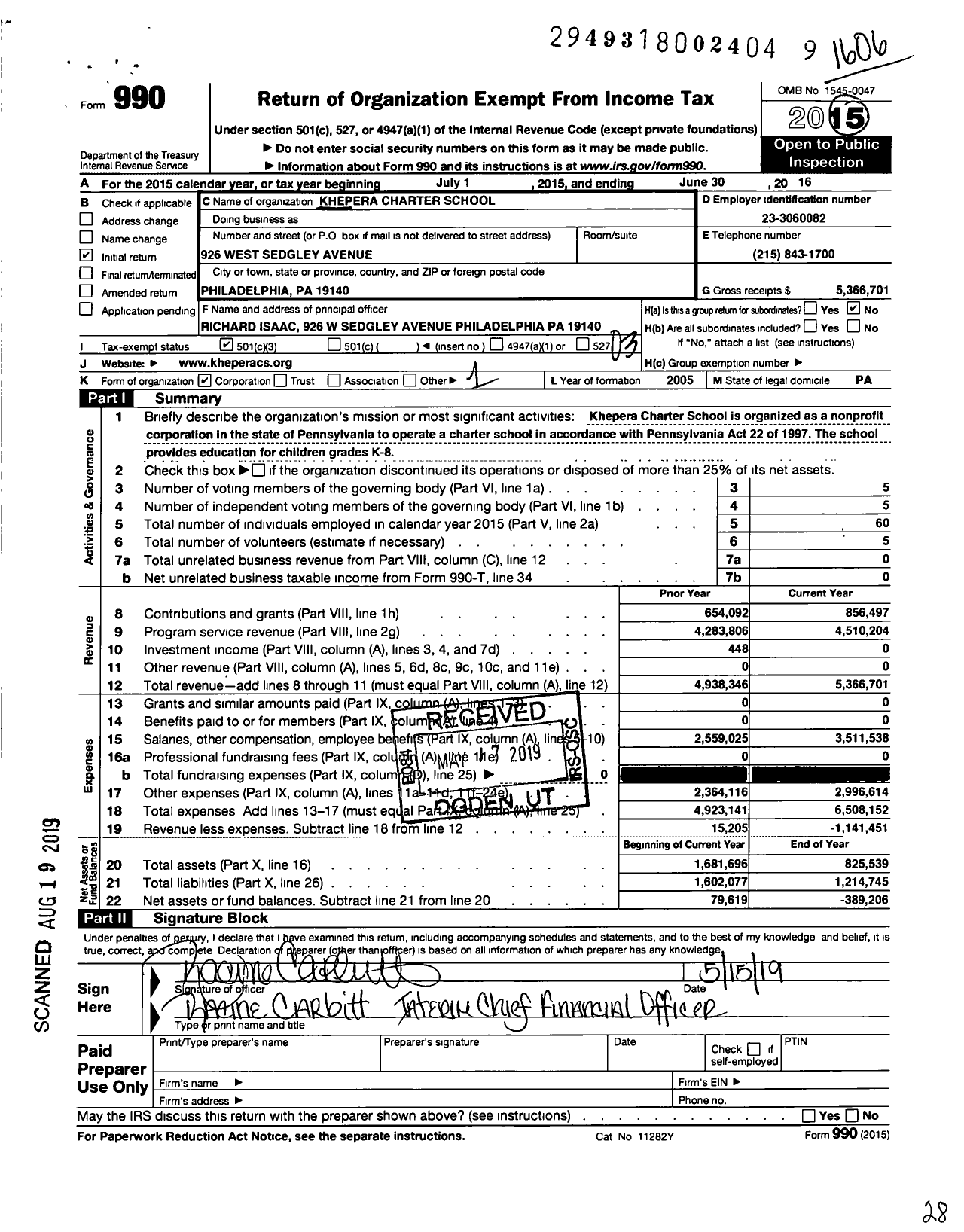 Image of first page of 2015 Form 990 for Khepera Charter School