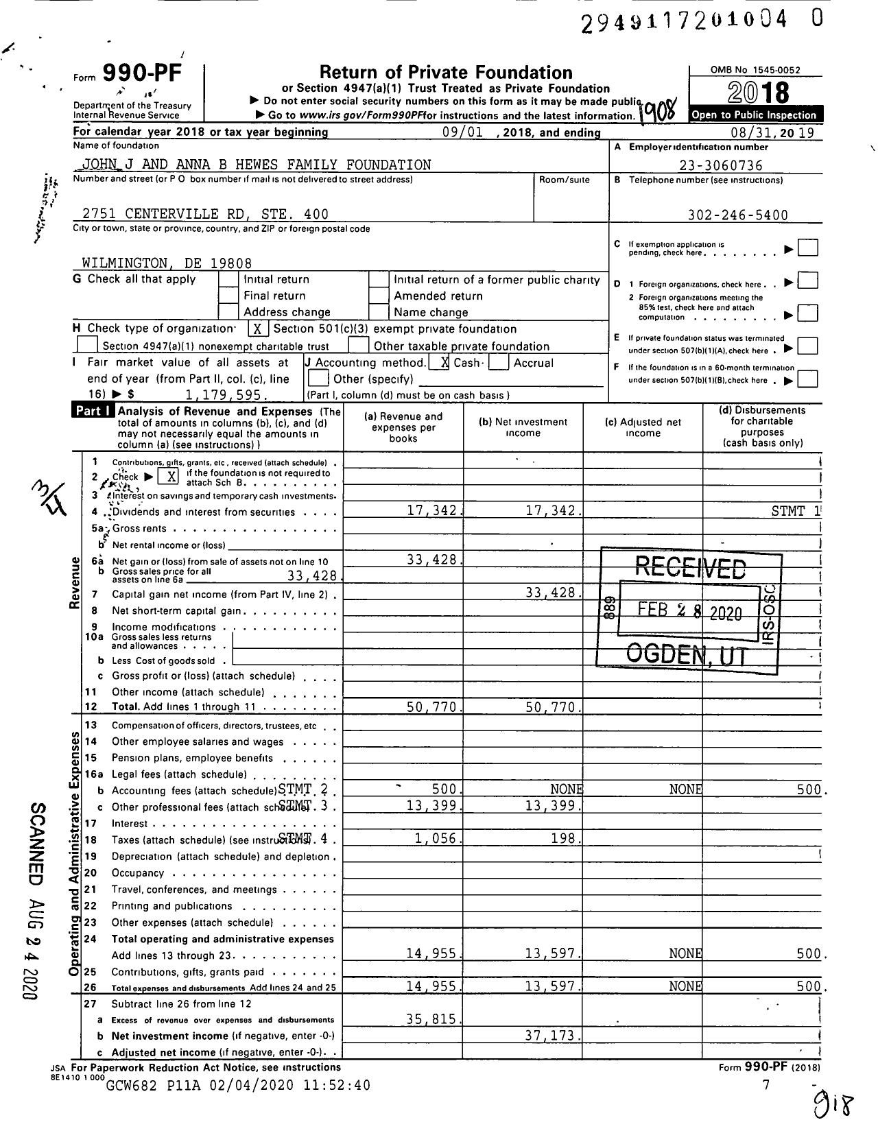 Image of first page of 2018 Form 990PR for John J and Anna B Hewes Family Foundation