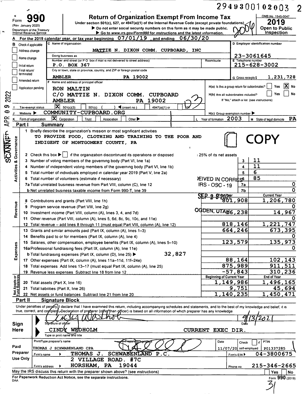 Image of first page of 2019 Form 990 for Mattie N Dixon Community Cupboard