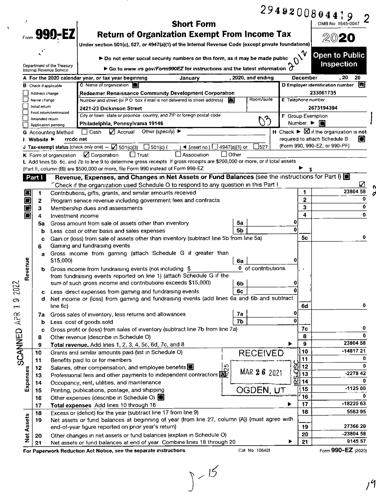 Image of first page of 2020 Form 990EZ for Redeemer Renaissance Community Development Corporation