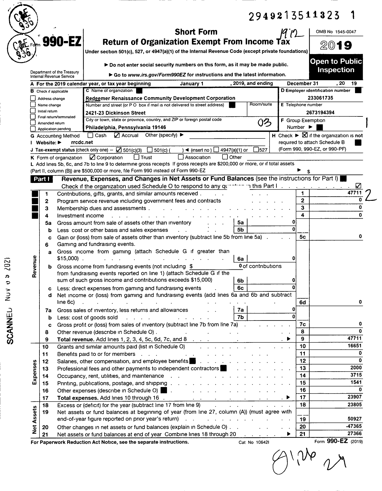 Image of first page of 2019 Form 990EZ for Redeemer Renaissance Community Development Corporation