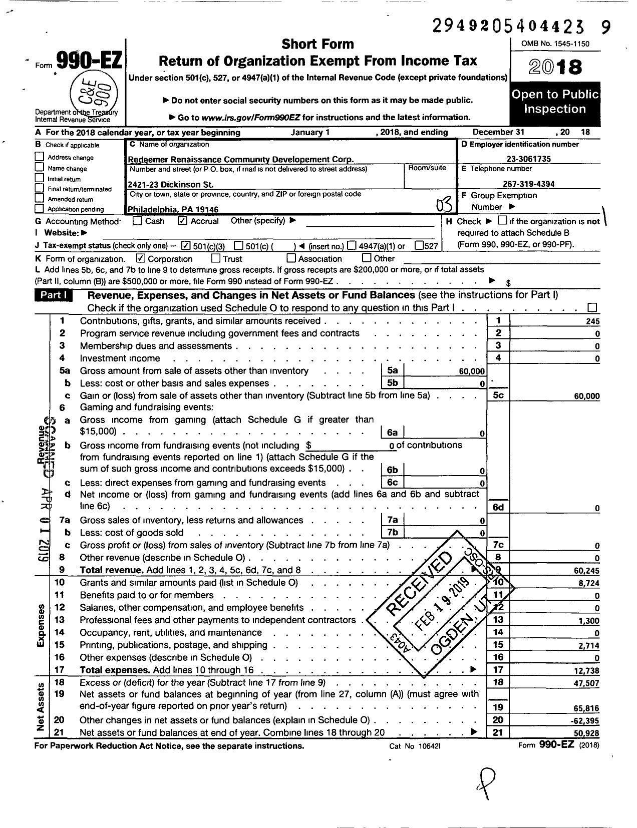 Image of first page of 2018 Form 990EZ for Redeemer Renaissance Community Development Corporation