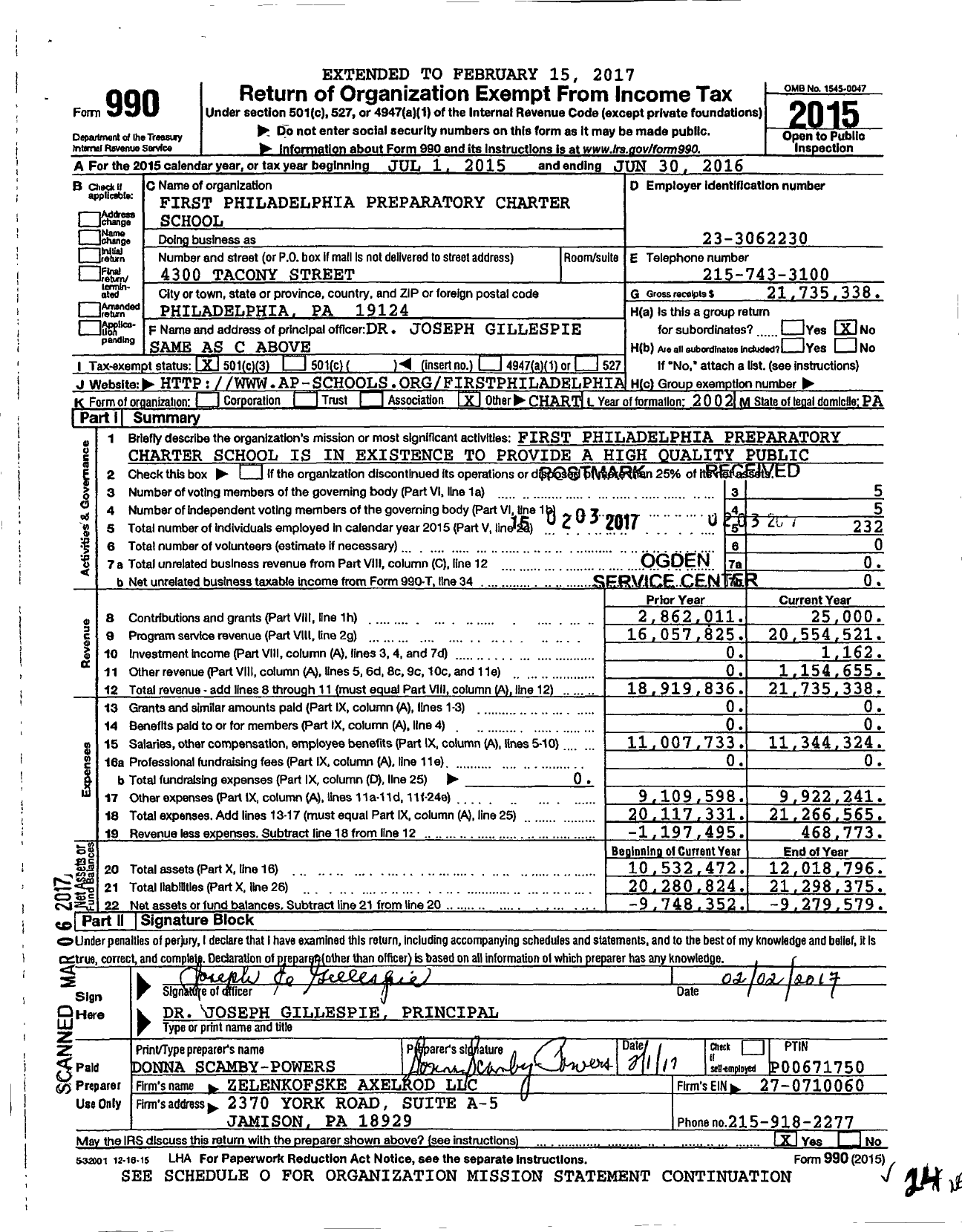 Image of first page of 2015 Form 990 for First Philadelphia Preparatory Charter School (FPP)
