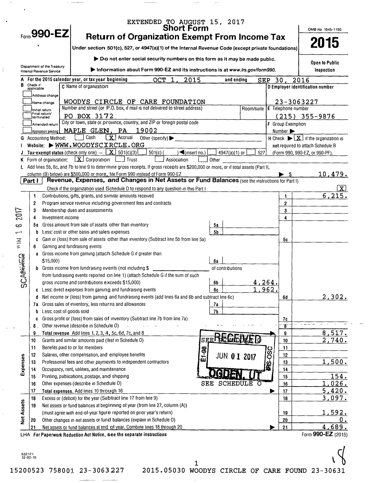 Image of first page of 2015 Form 990EZ for Woodys Circle of Care Foundation