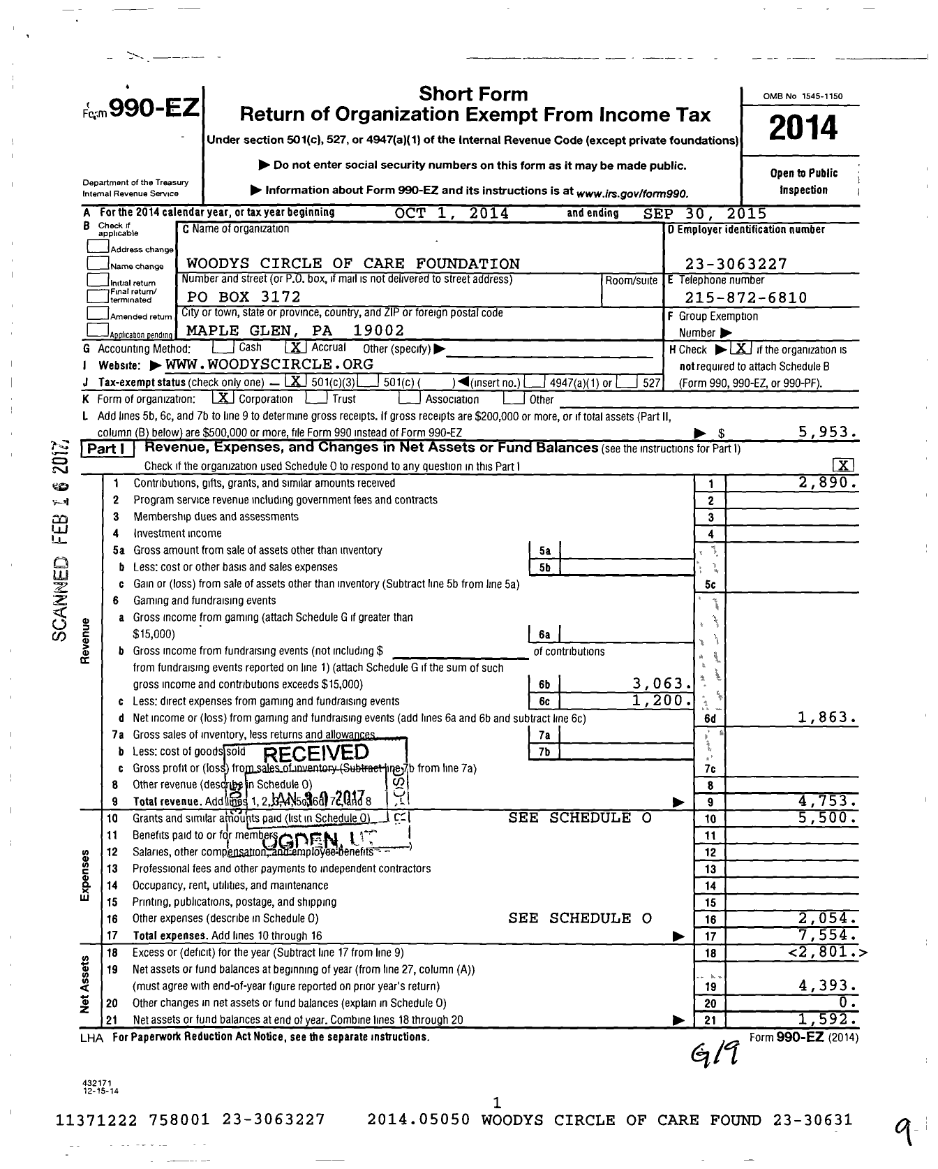 Image of first page of 2014 Form 990EZ for Woodys Circle of Care Foundation