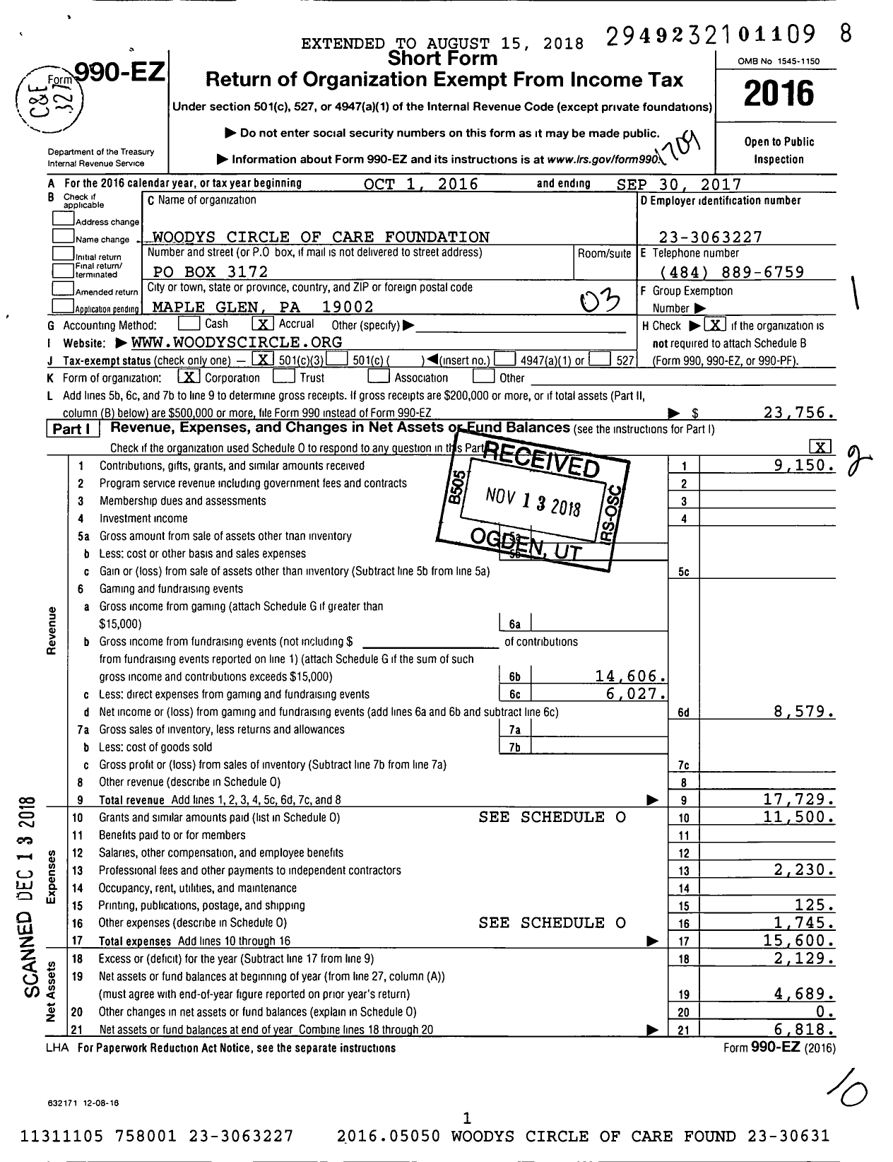 Image of first page of 2016 Form 990EZ for Woodys Circle of Care Foundation