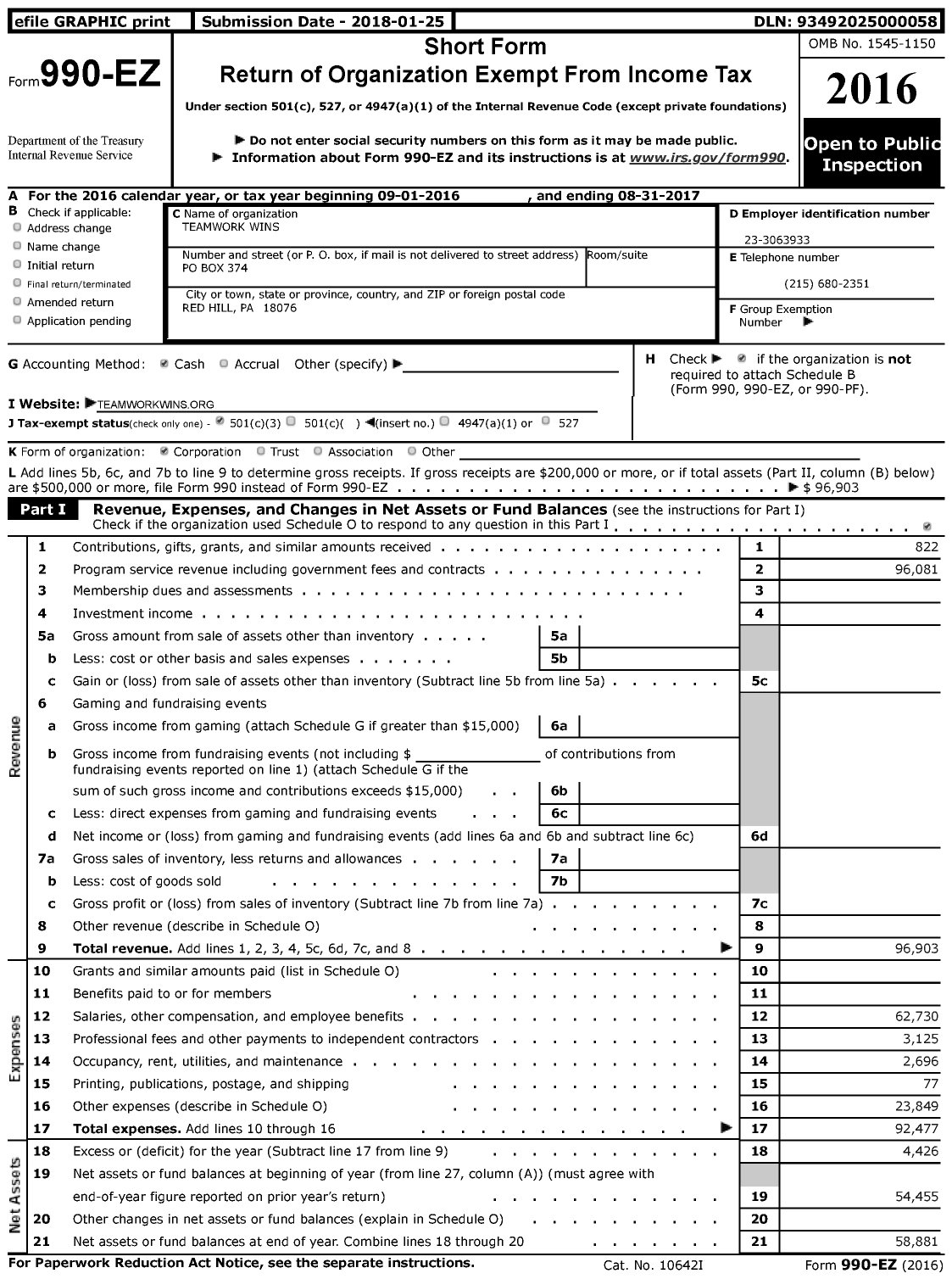 Image of first page of 2016 Form 990EZ for Teamwork Wins