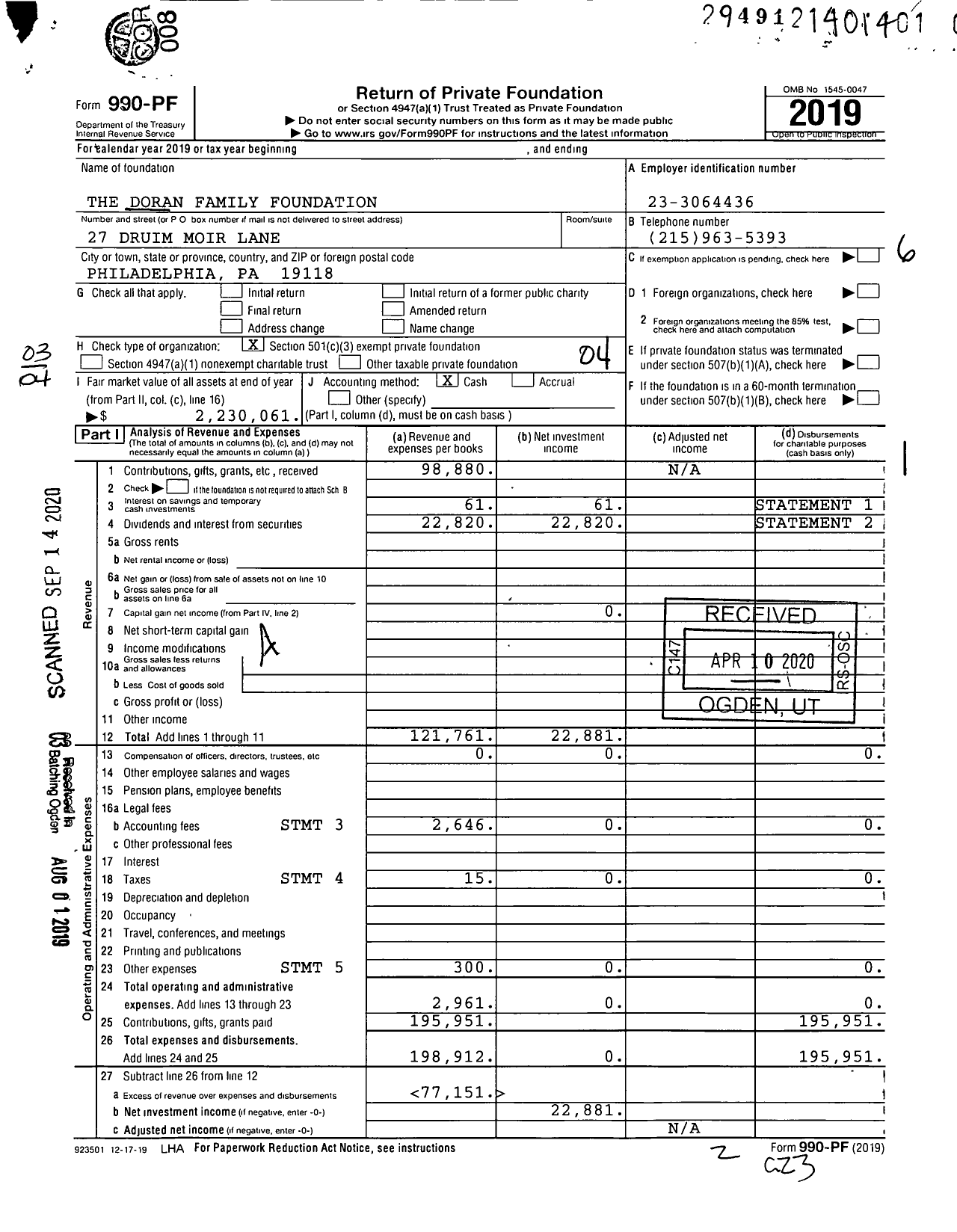 Image of first page of 2019 Form 990PR for The Doran Family Foundation