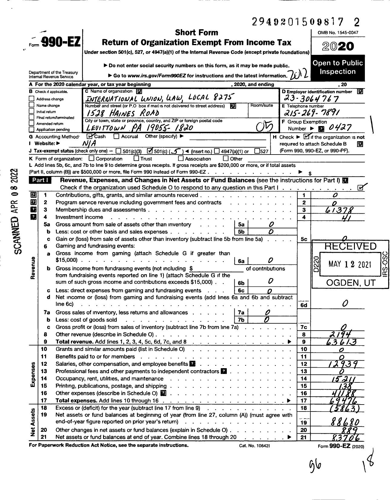 Image of first page of 2020 Form 990EO for Uaw - International Union Uaw Local 8275