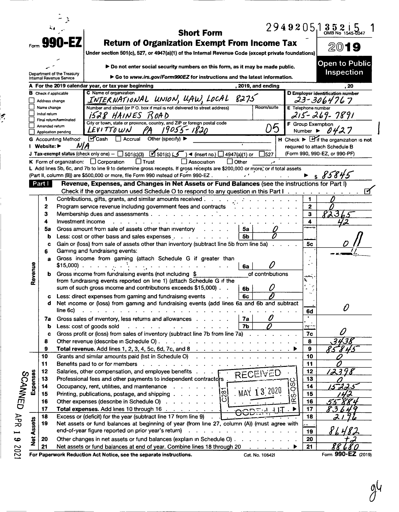 Image of first page of 2019 Form 990EO for Uaw - International Union Uaw Local 8275