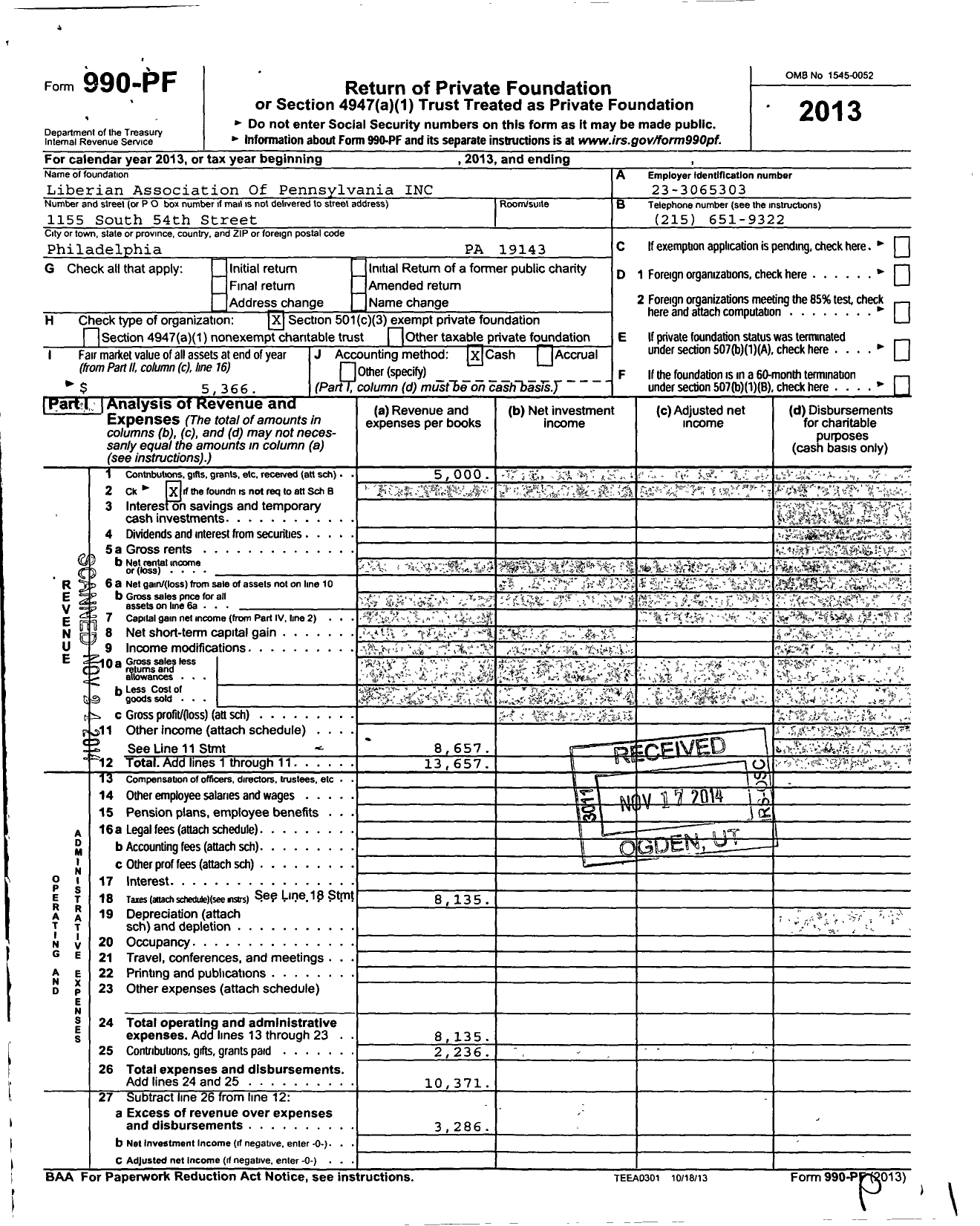Image of first page of 2013 Form 990PF for Liberian Association of Pennsylvania Incorporated