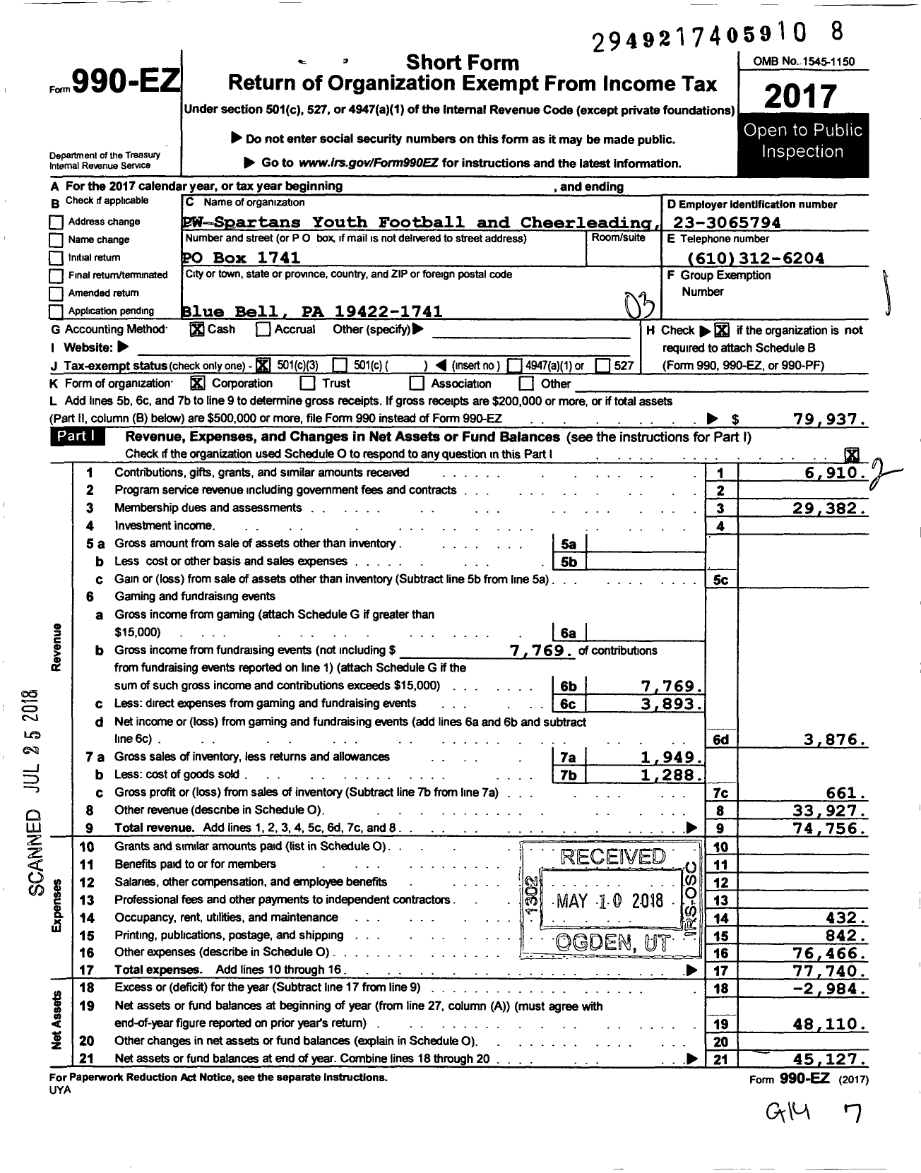 Image of first page of 2017 Form 990EZ for PW W Spartans Youth Football and Cheerleading