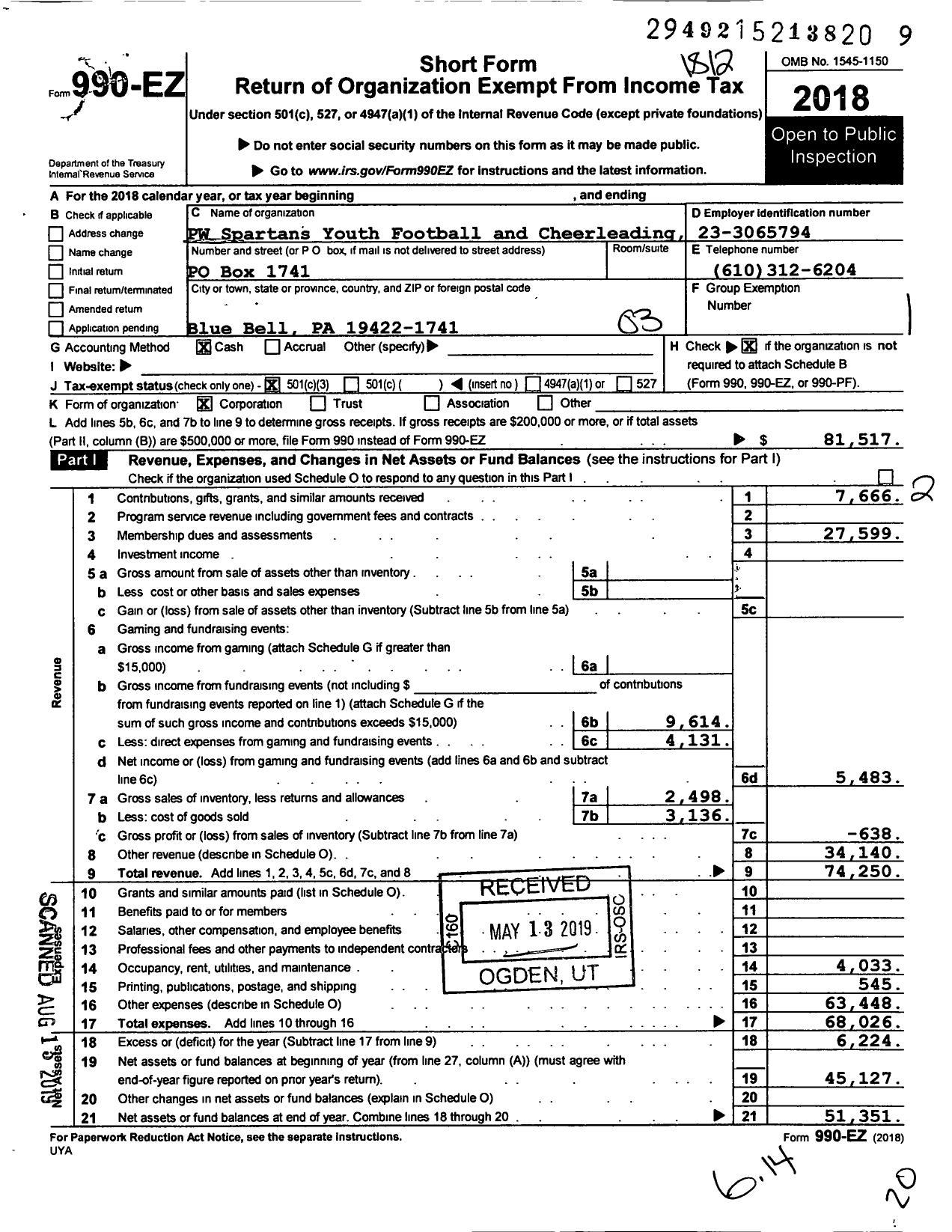 Image of first page of 2018 Form 990EZ for PW W Spartans Youth Football and Cheerleading