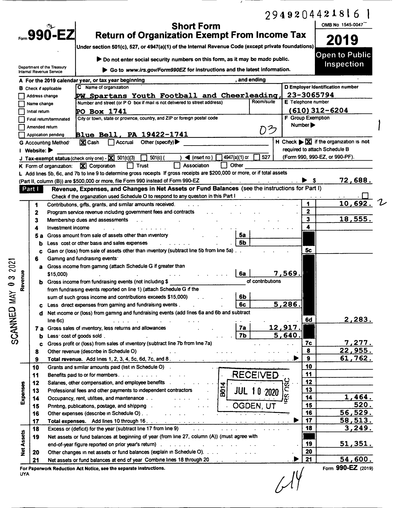 Image of first page of 2019 Form 990EZ for PW W Spartans Youth Football and Cheerleading