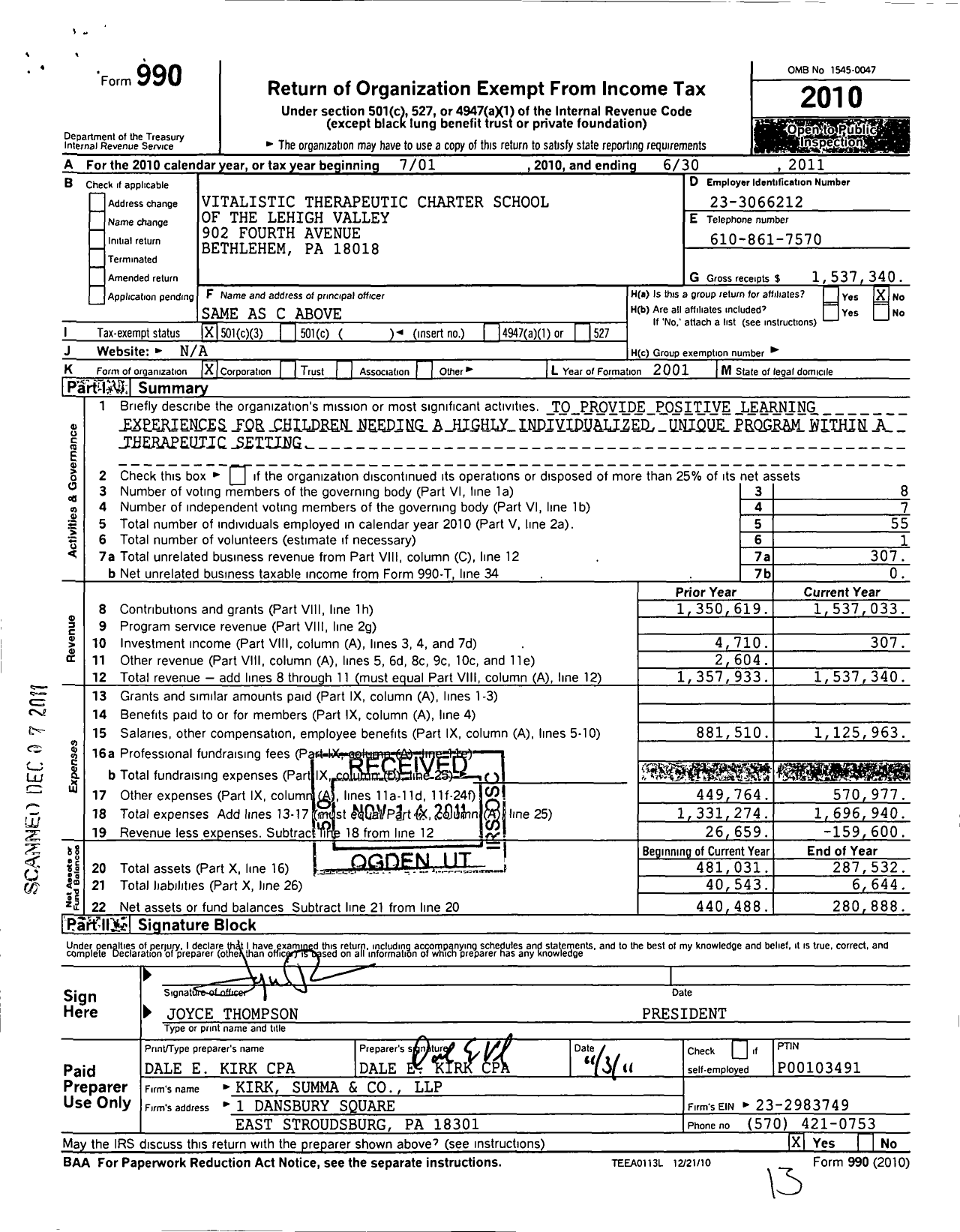 Image of first page of 2010 Form 990 for Vitalistic Therapeutic Charter School of the Lehigh Valley