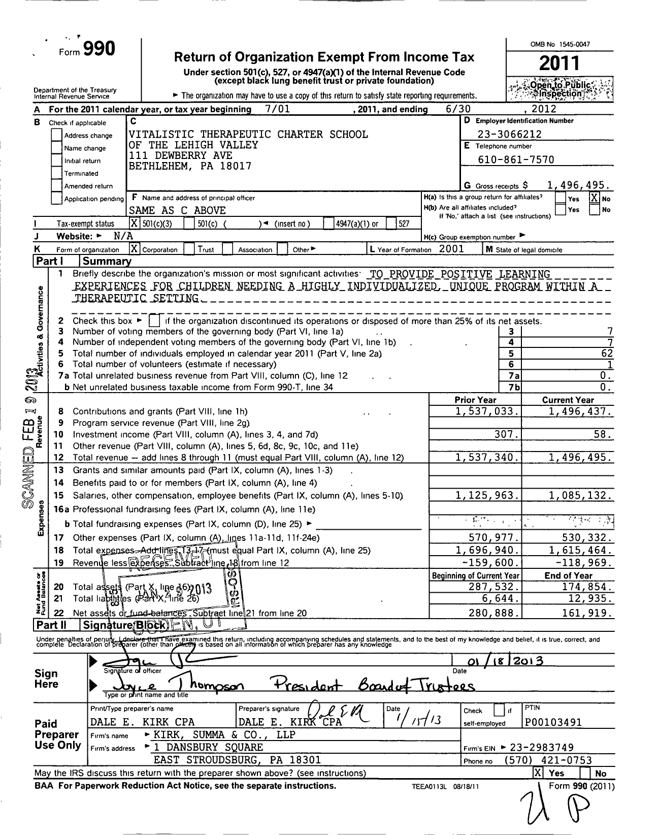 Image of first page of 2011 Form 990 for Vitalistic Therapeutic Charter School of the Lehigh Valley