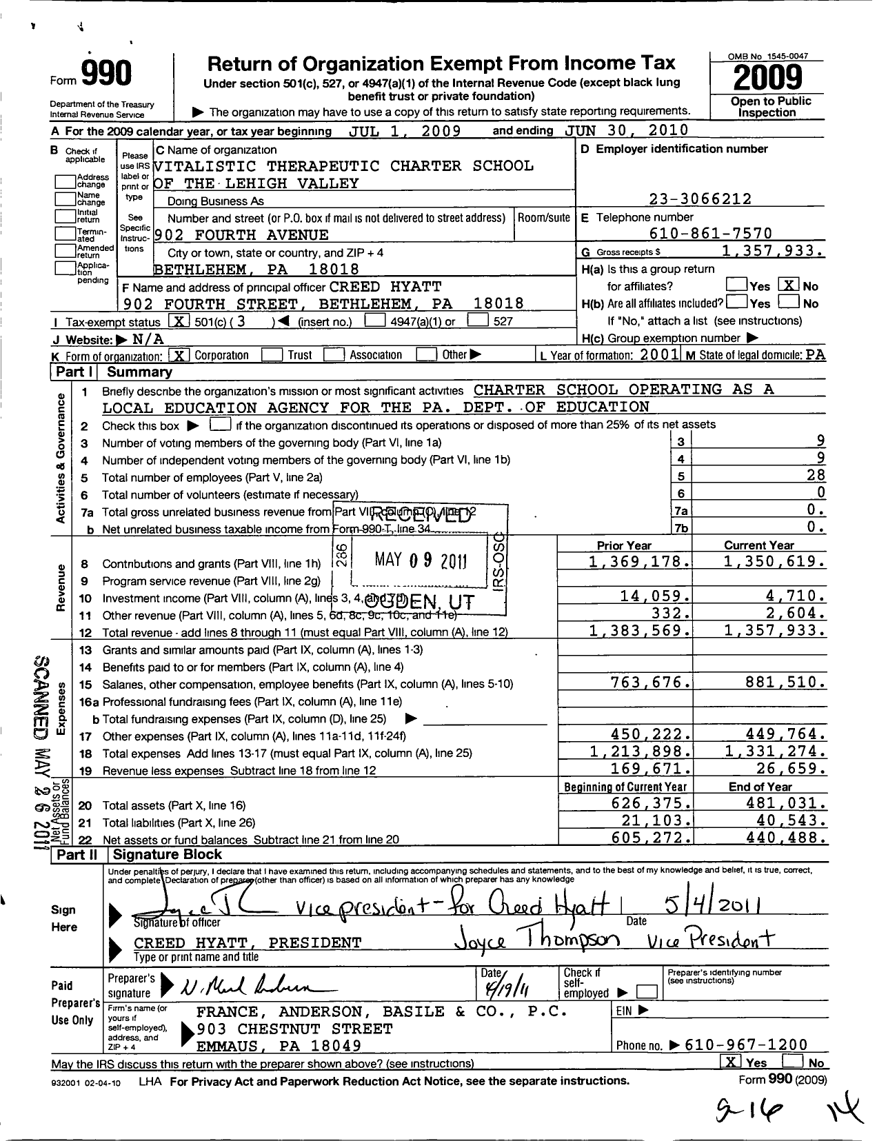 Image of first page of 2009 Form 990 for Vitalistic Therapeutic Charter School of the Lehigh Valley